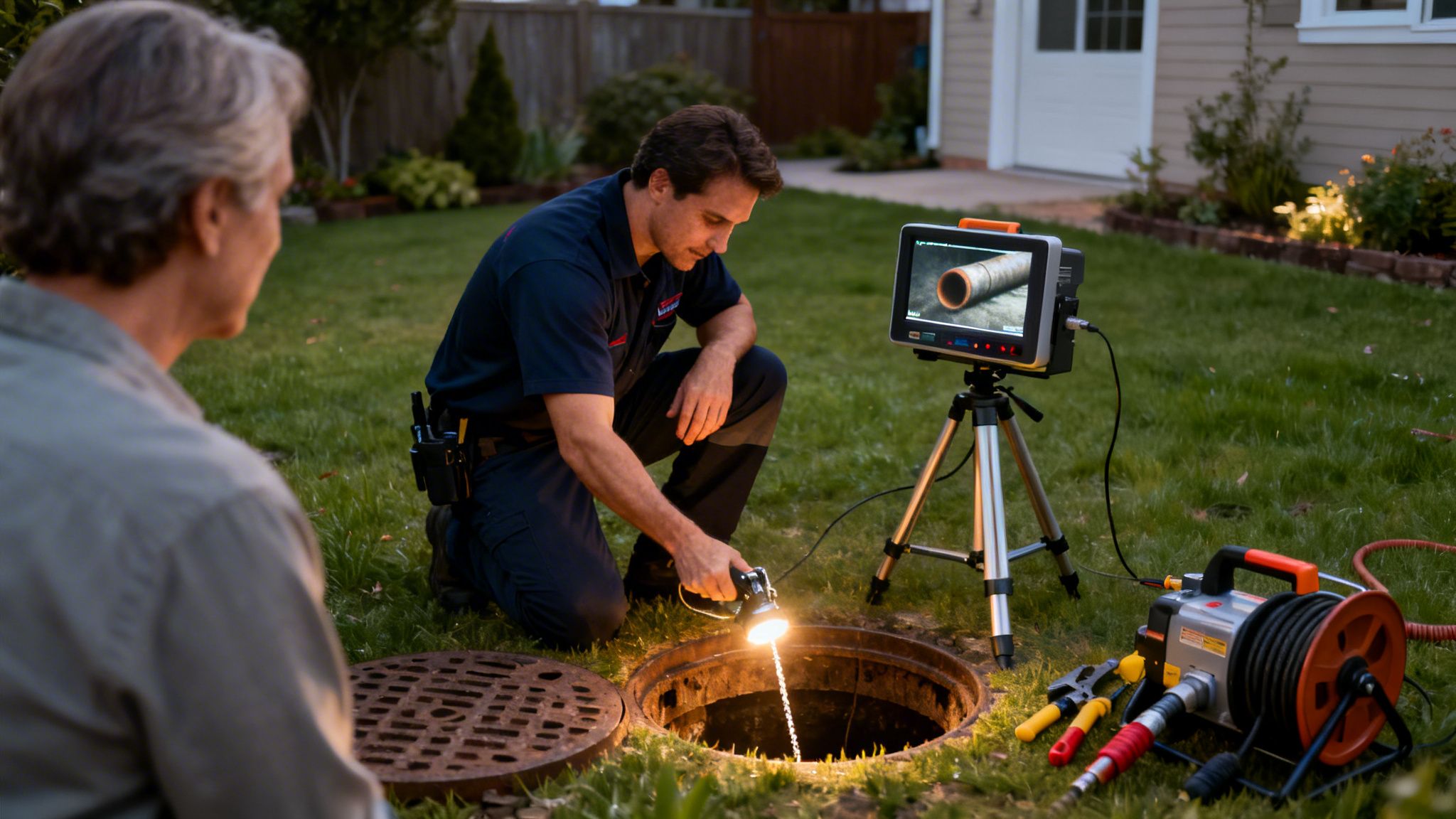 En tekniker inspicerer et afløb med et kamera, mens en kunde kigger på skærmen med rørvisning.