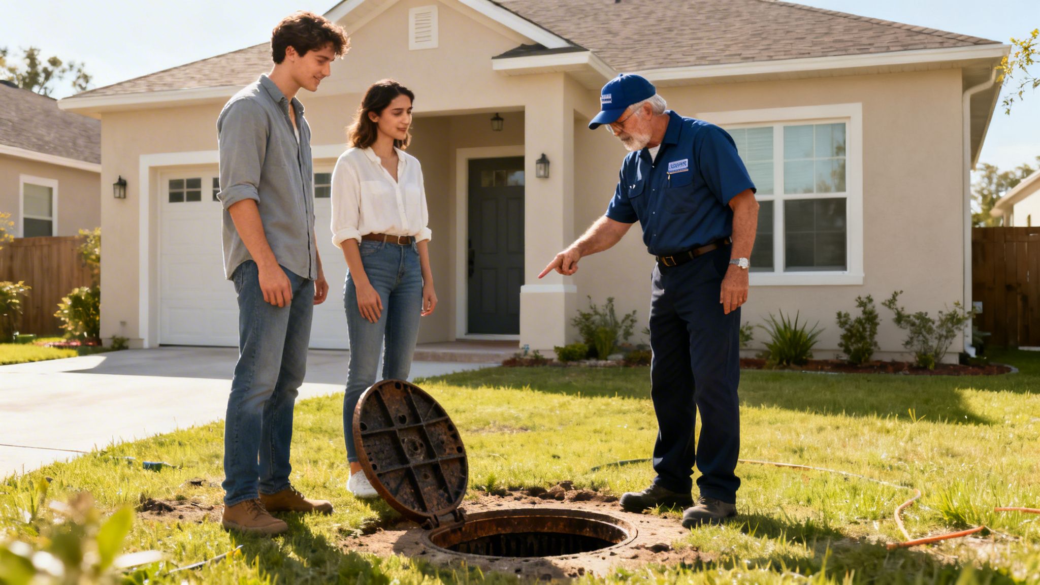 Tekniker peger ned i et åbent kloakdæksel i en græsplæne, mens et ungt par ser på. Et hus er i baggrunden.