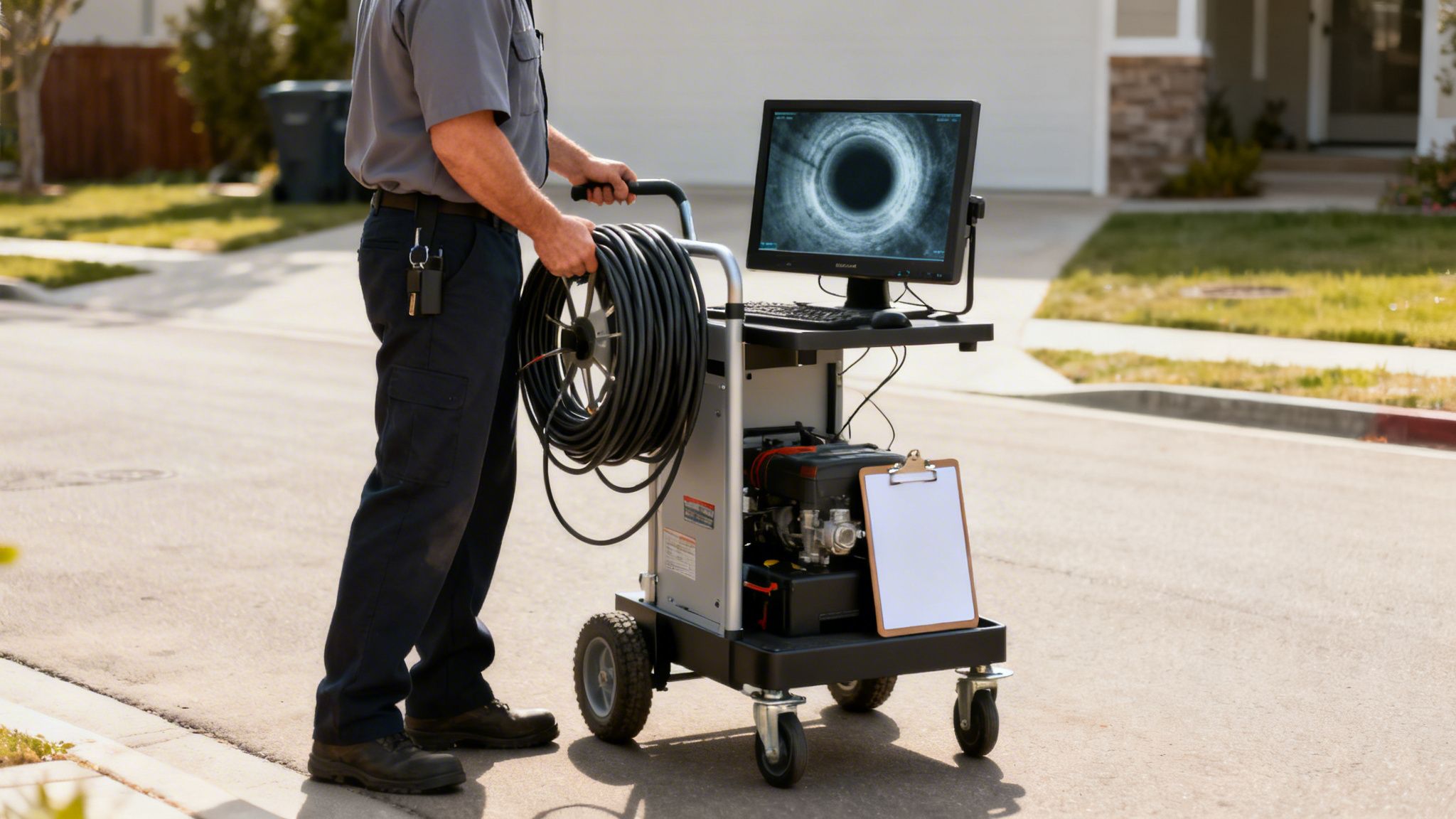 En servicetekniker forbereder afløbsinspektion med kameraudstyr og skærm, der viser rørindhold.