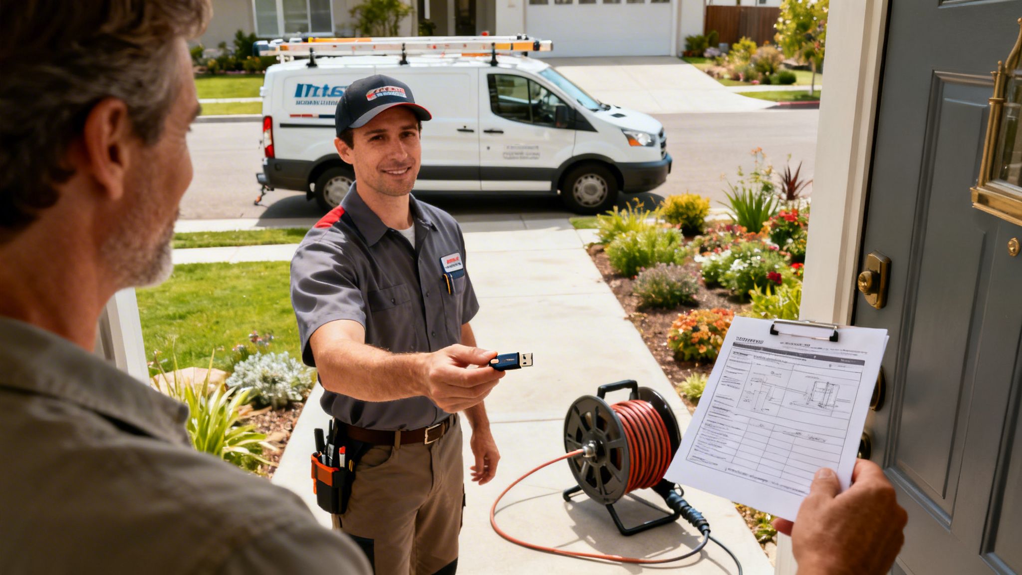 En VVS-tekniker fra MTS Rørteknik holder et inspektionskamera frem for en boligejer under en kloakundersøgelse.