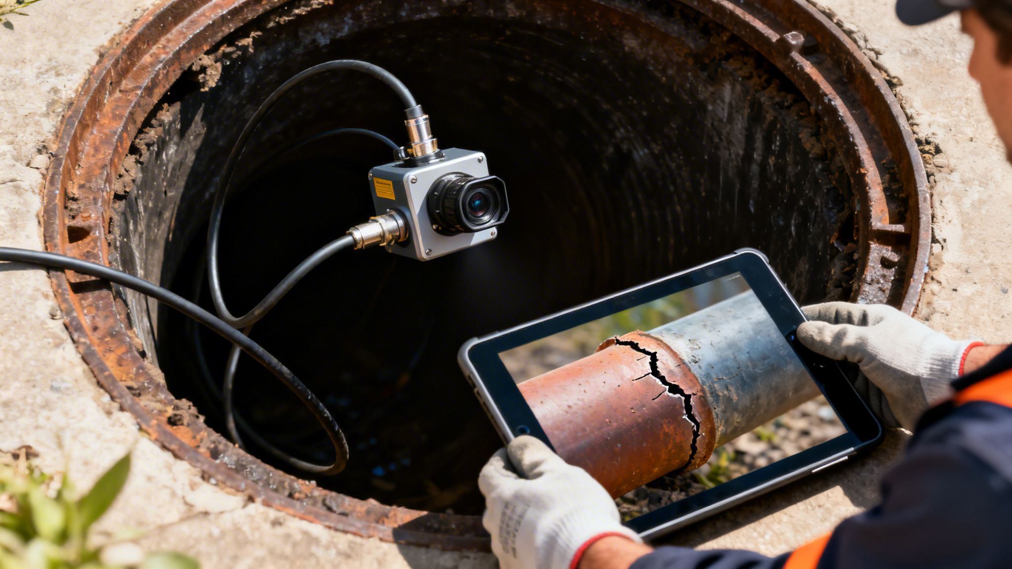 En tekniker inspicerer et kloakrør med et kamera og ser billeder af et beskadiget rør på en tablet.