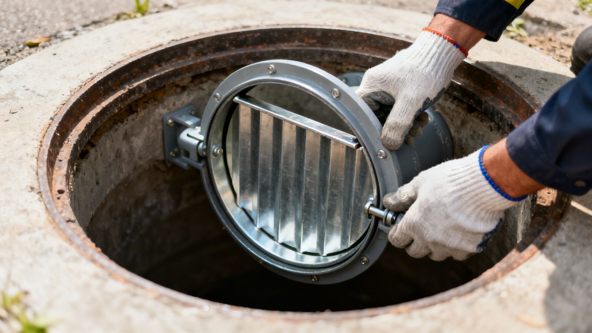 En person installerer en rotteklap i en åben kloakbrønd for at forhindre rotter i at komme ind.