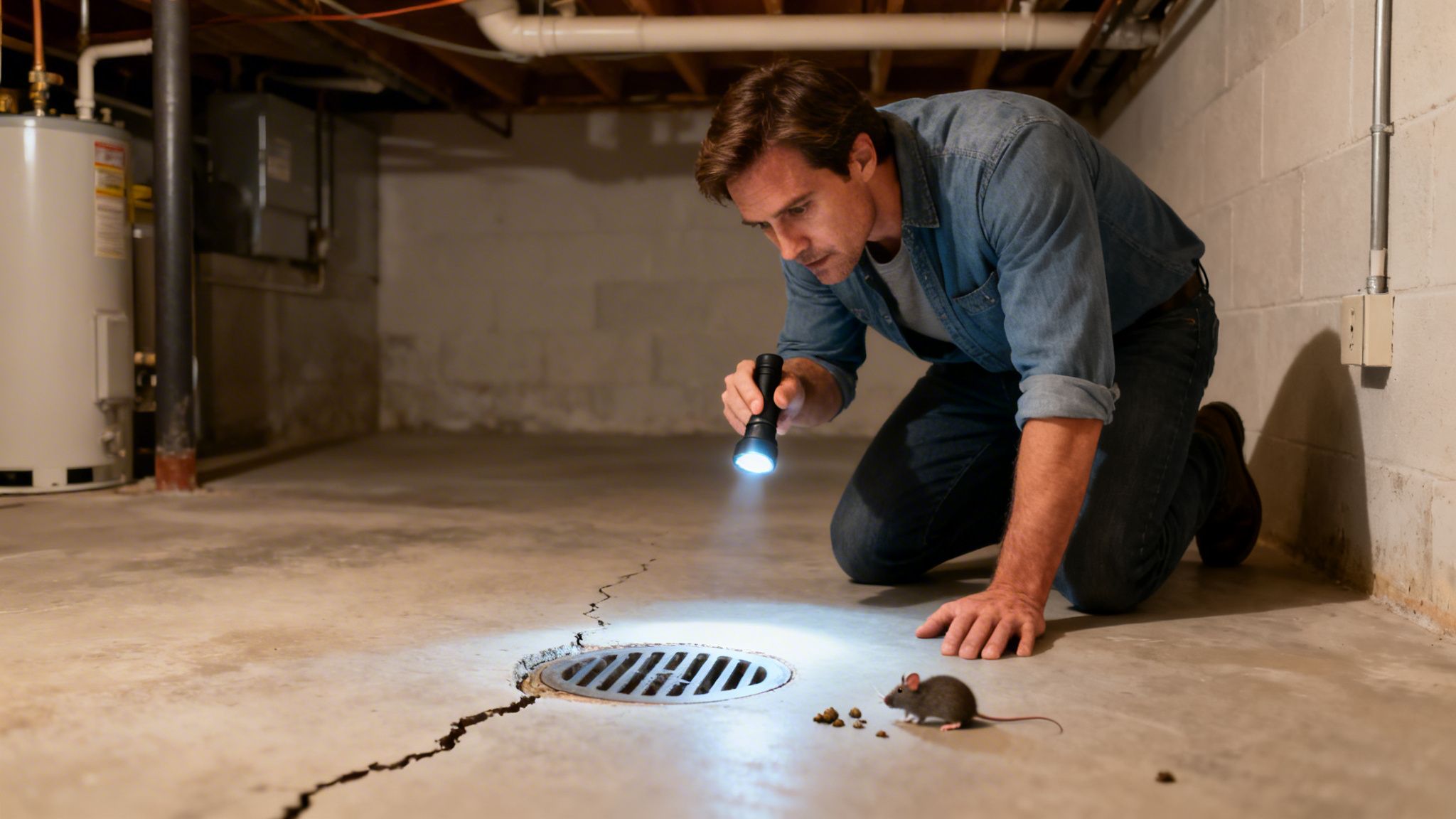 En mand undersøger en kælder med en lommelygte, hvor han finder en mus nær et revnet afløb.