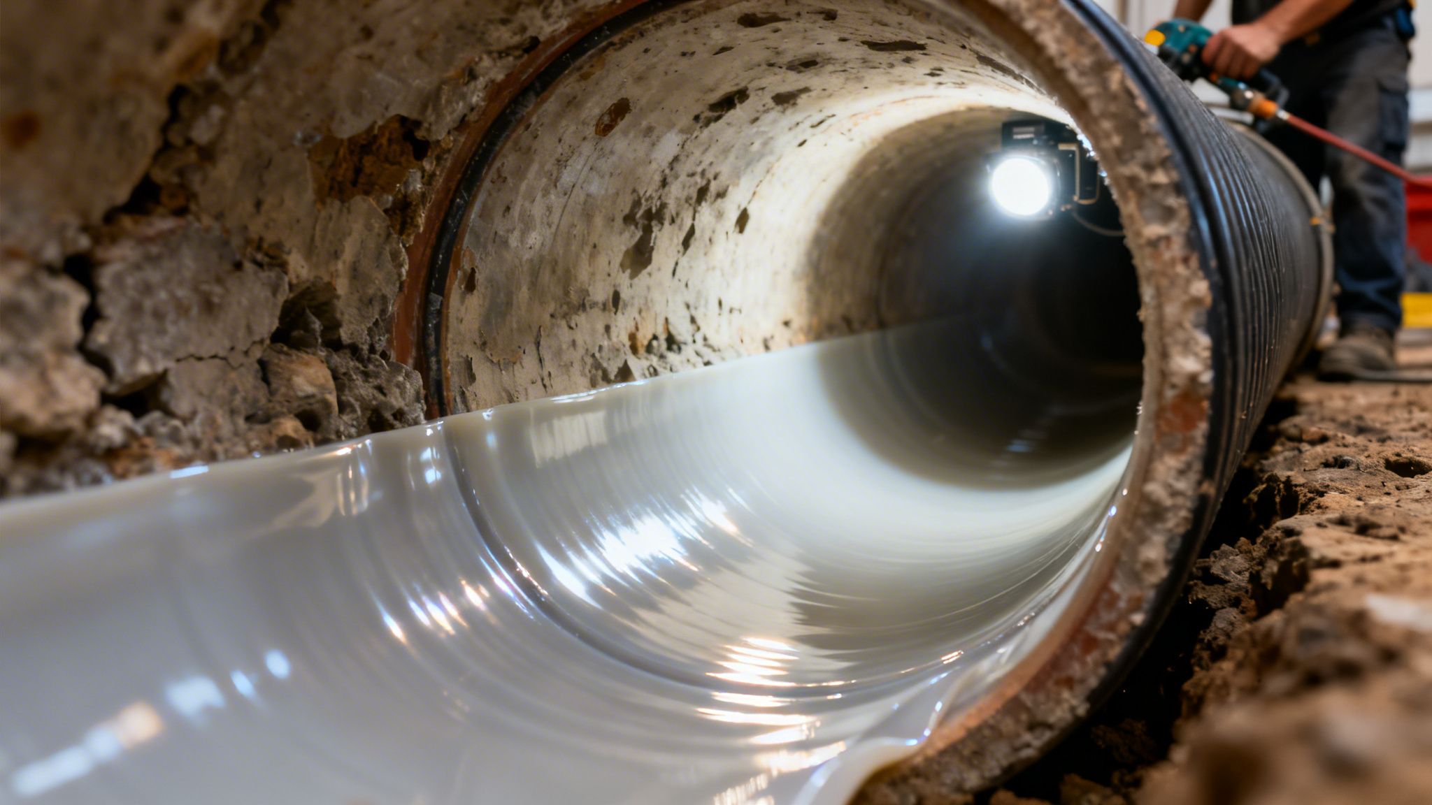 Rørforing installeres i en gammel kloak, hvilket skaber en glat, hvid overflade. En tekniker overvåger processen med et kamera.