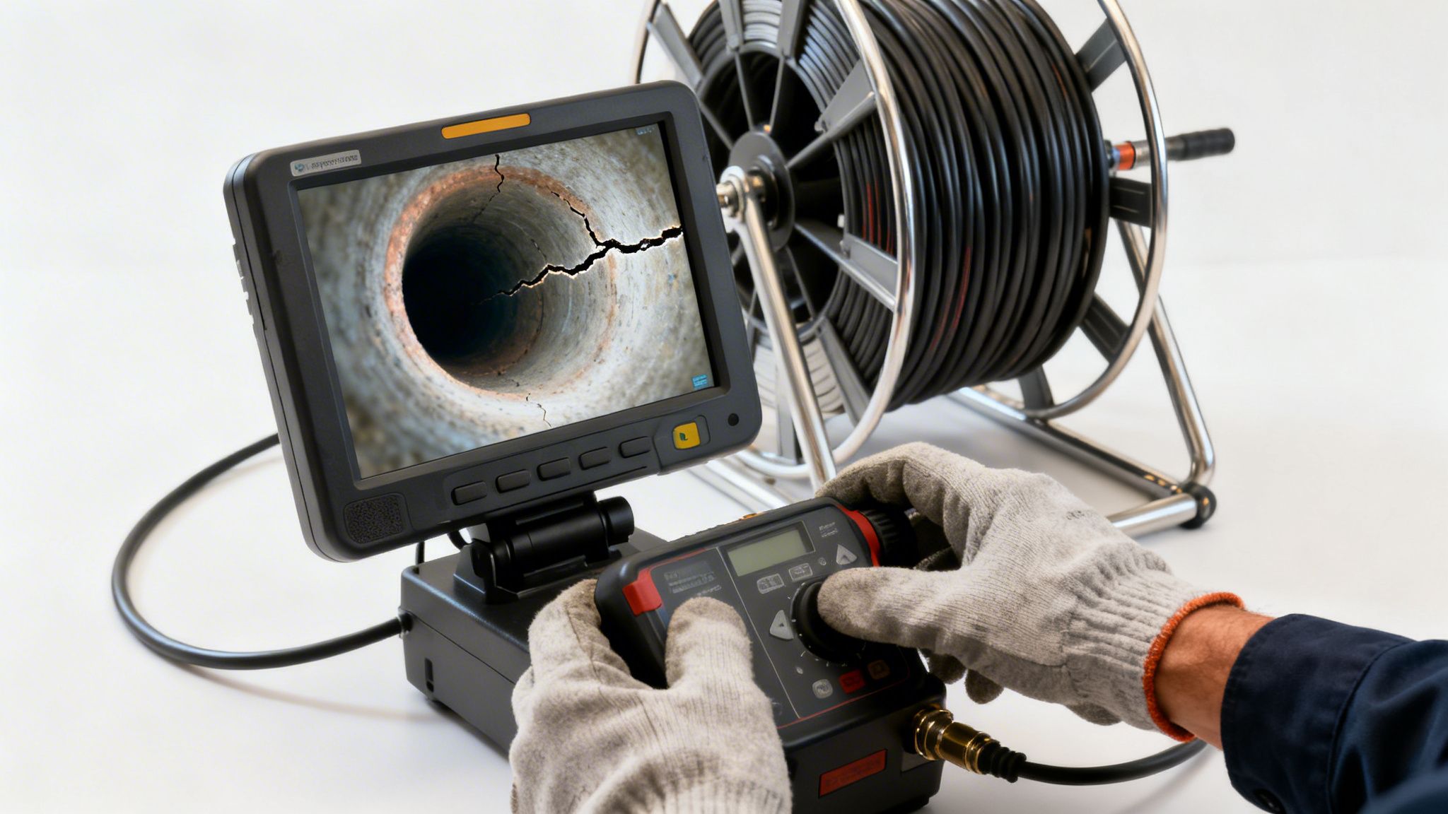 En tekniker inspicerer et revnet rør med et kloakinspektionskamera. Skærmen viser skaden tydeligt.