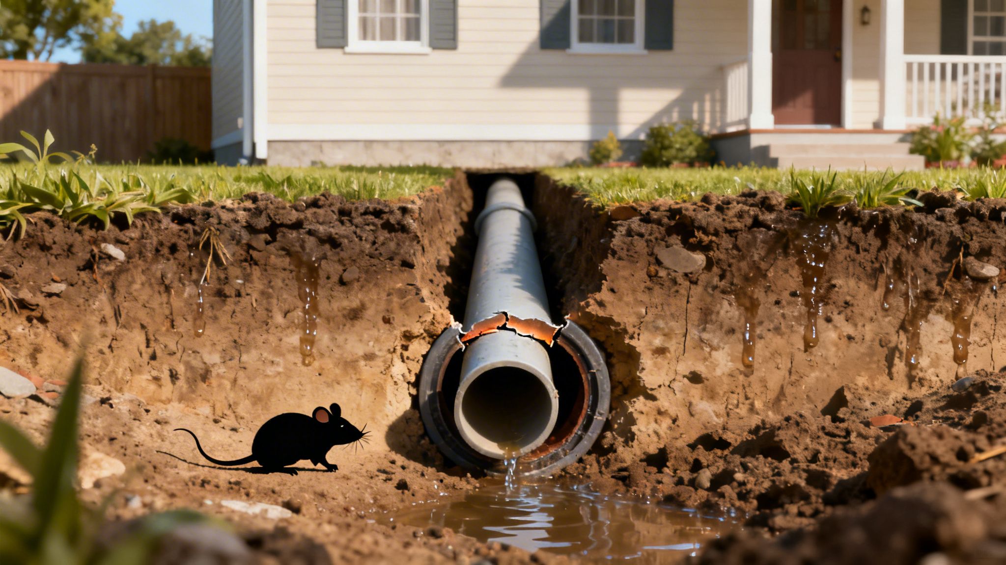 Billede af en rotte ved et beskadiget kloakrør under jorden foran et hus, der lækker vand.