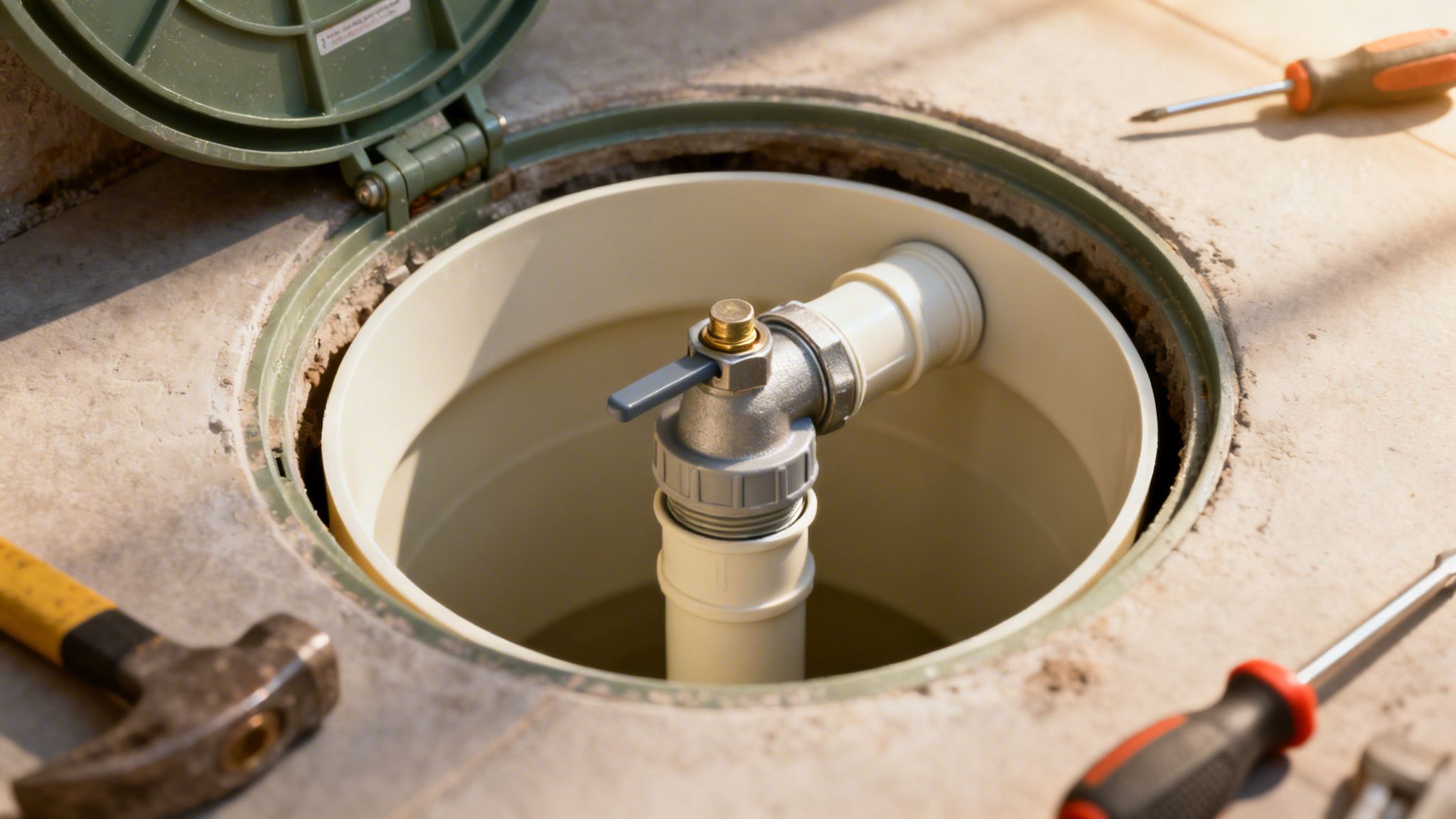 Nærbillede af et åbent adgangspunkt med vandhane og værktøj, klar til reparation eller installation.