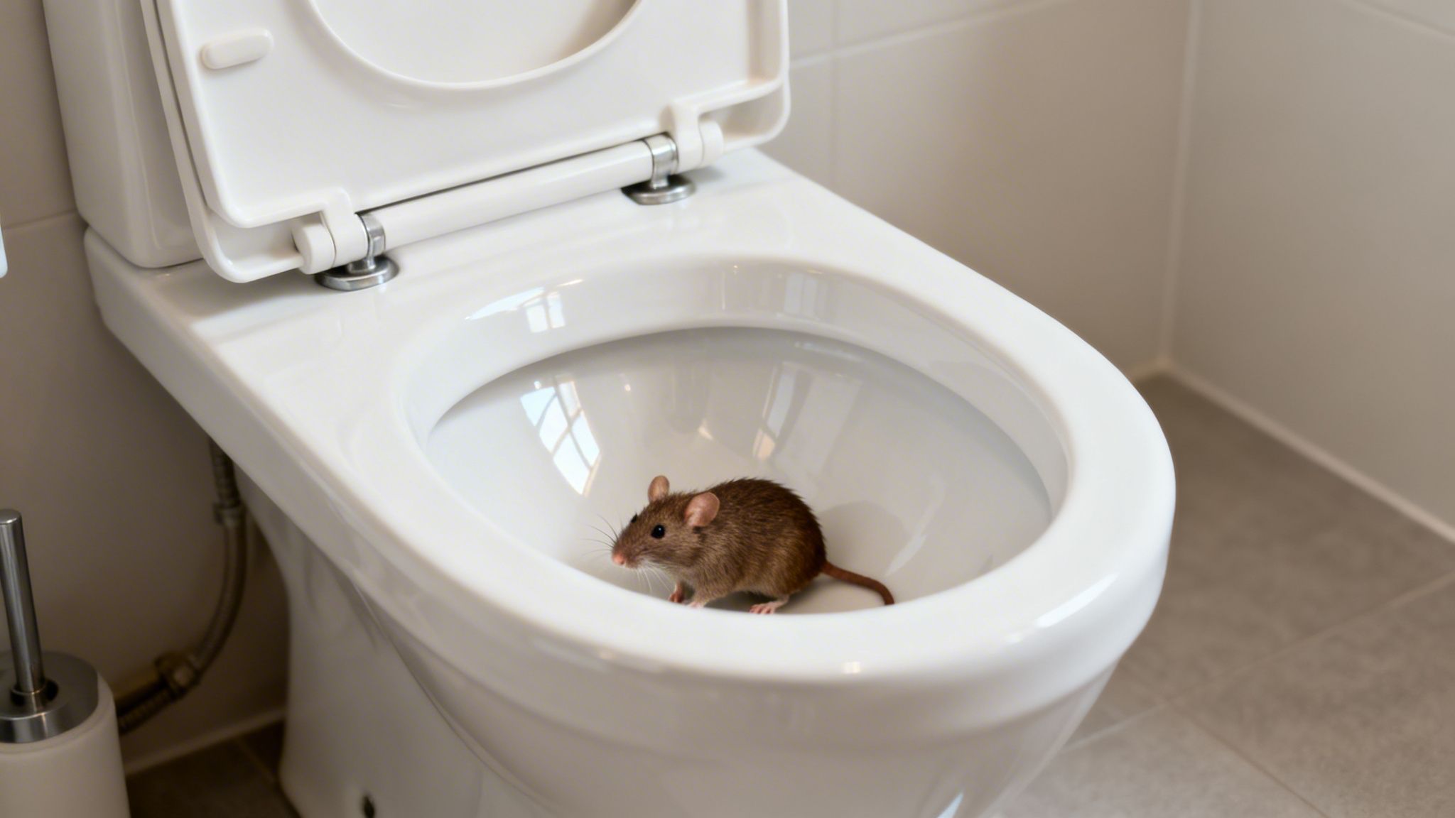 En lille brun rotte sidder nede i toiletkummen med toiletsædet åbent.