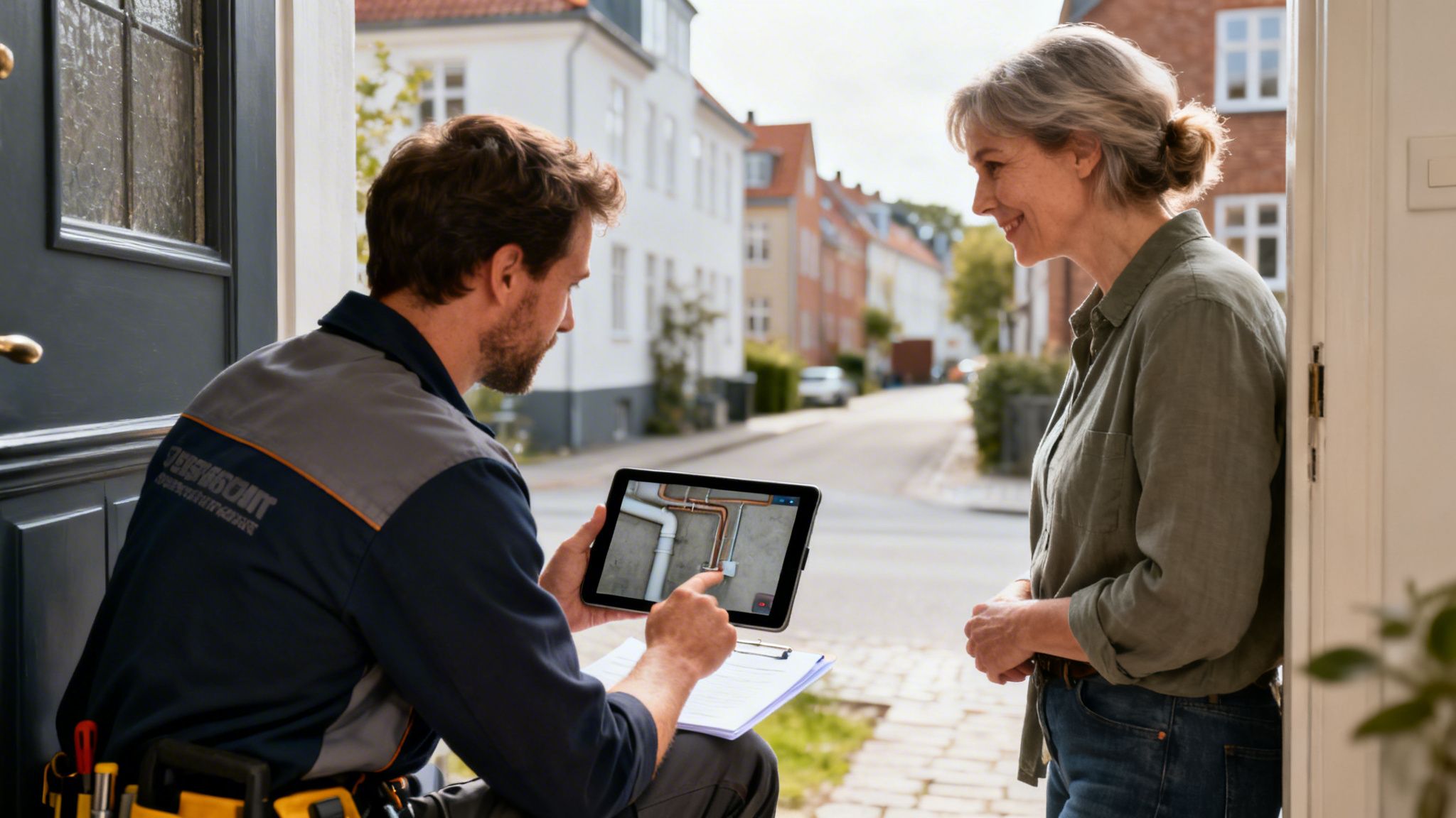 En VVS-montør viser en kvinde et rørsystem på en tablet udenfor et hus, mens hun smiler.
