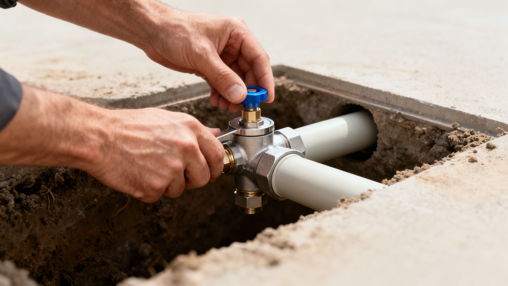 Hænder justerer en vandventil og rør i en udgravning i jorden, sandsynligvis VVS-arbejde.