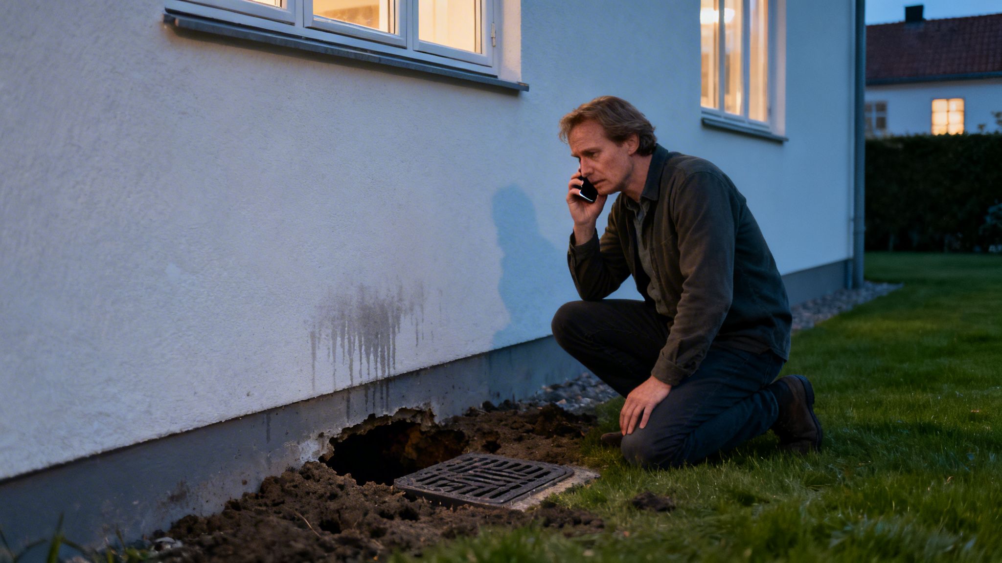 Bekymret mand ringer ved beskadiget husmur med kloakrist og hul i jorden.