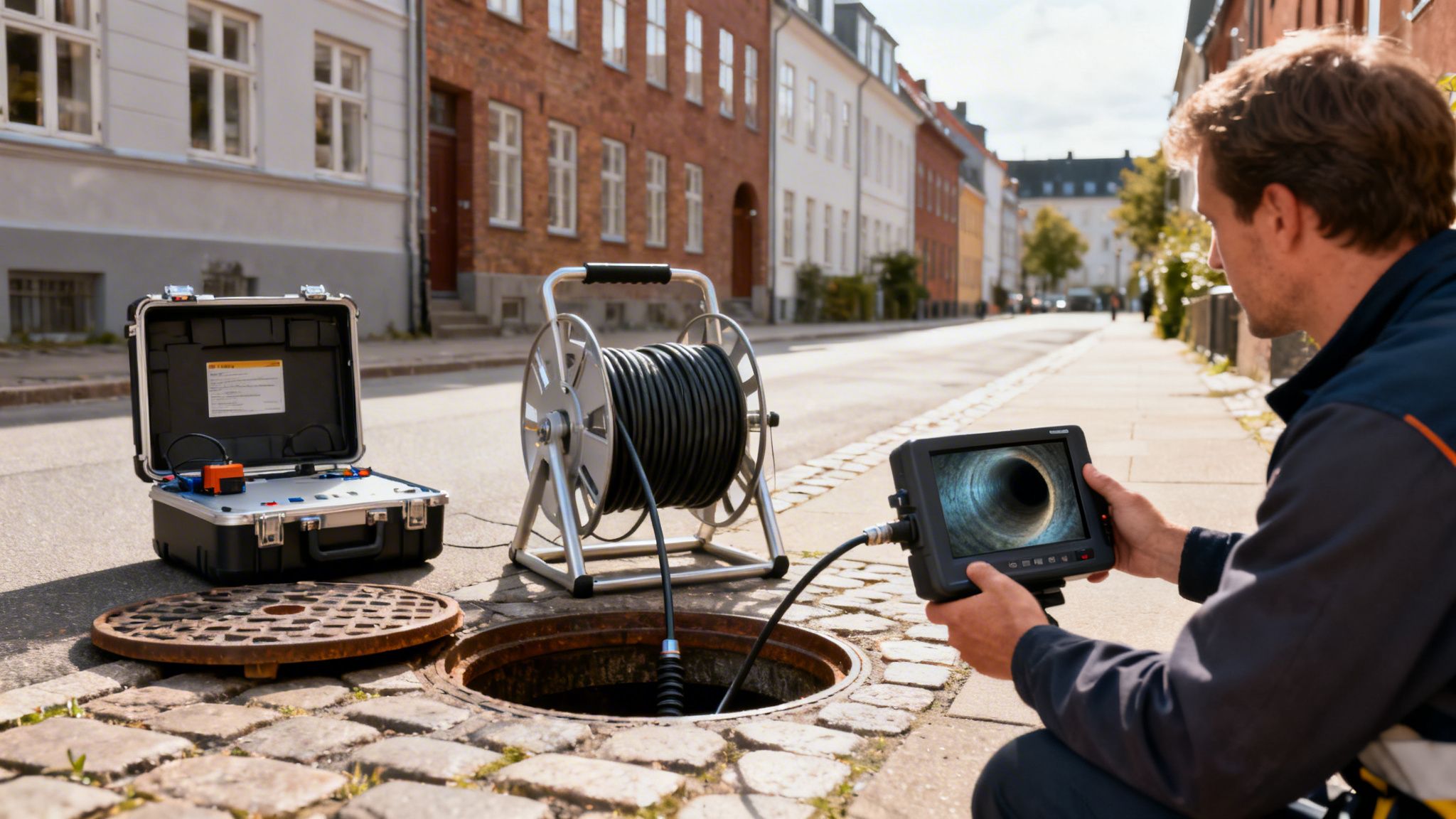 Mand inspicerer kloak med kamera og udstyr, åbent dæksel på brostensbelagt gade.