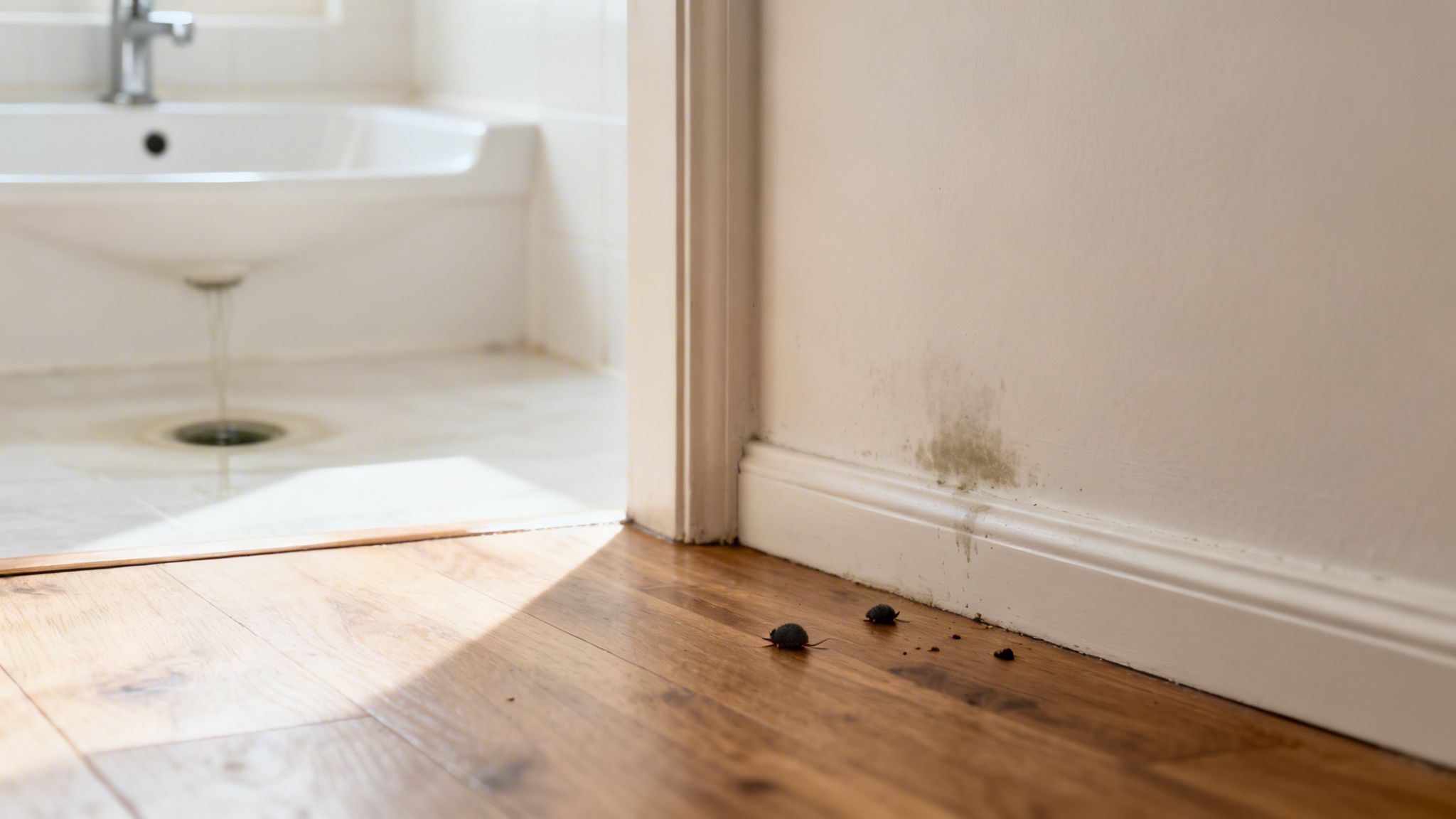 Vandskade og skimmelsvamp på væggen med rotter på trægulvet fra et utæt afløb.