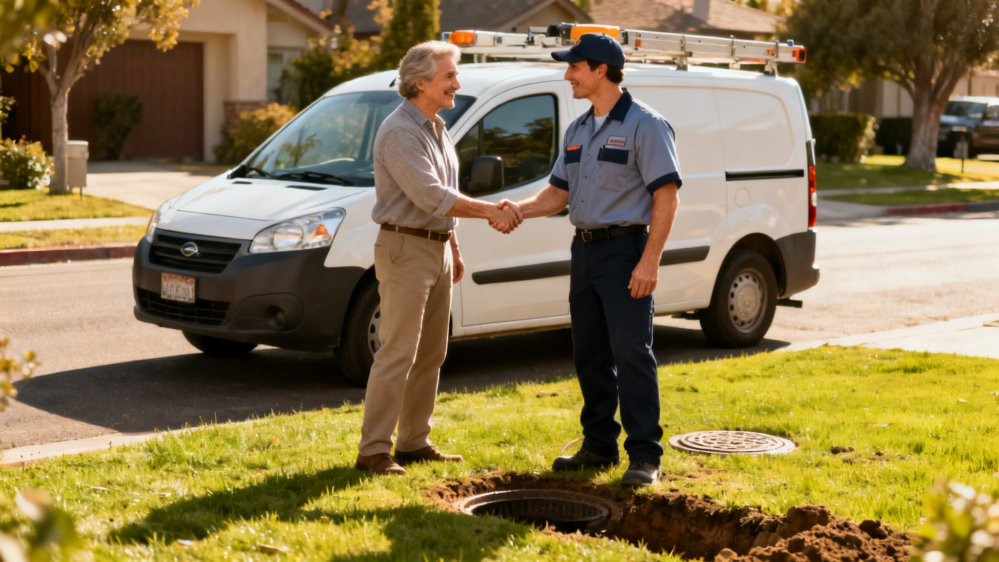 Servicetekniker hilser på kunde ved kloakarbejde med servicevogn i baggrunden.