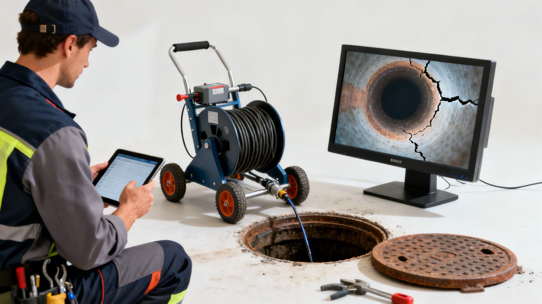 Tekniker udfører kloakinspektion med et kamera og tablet, der viser revner i et rør på skærmen.