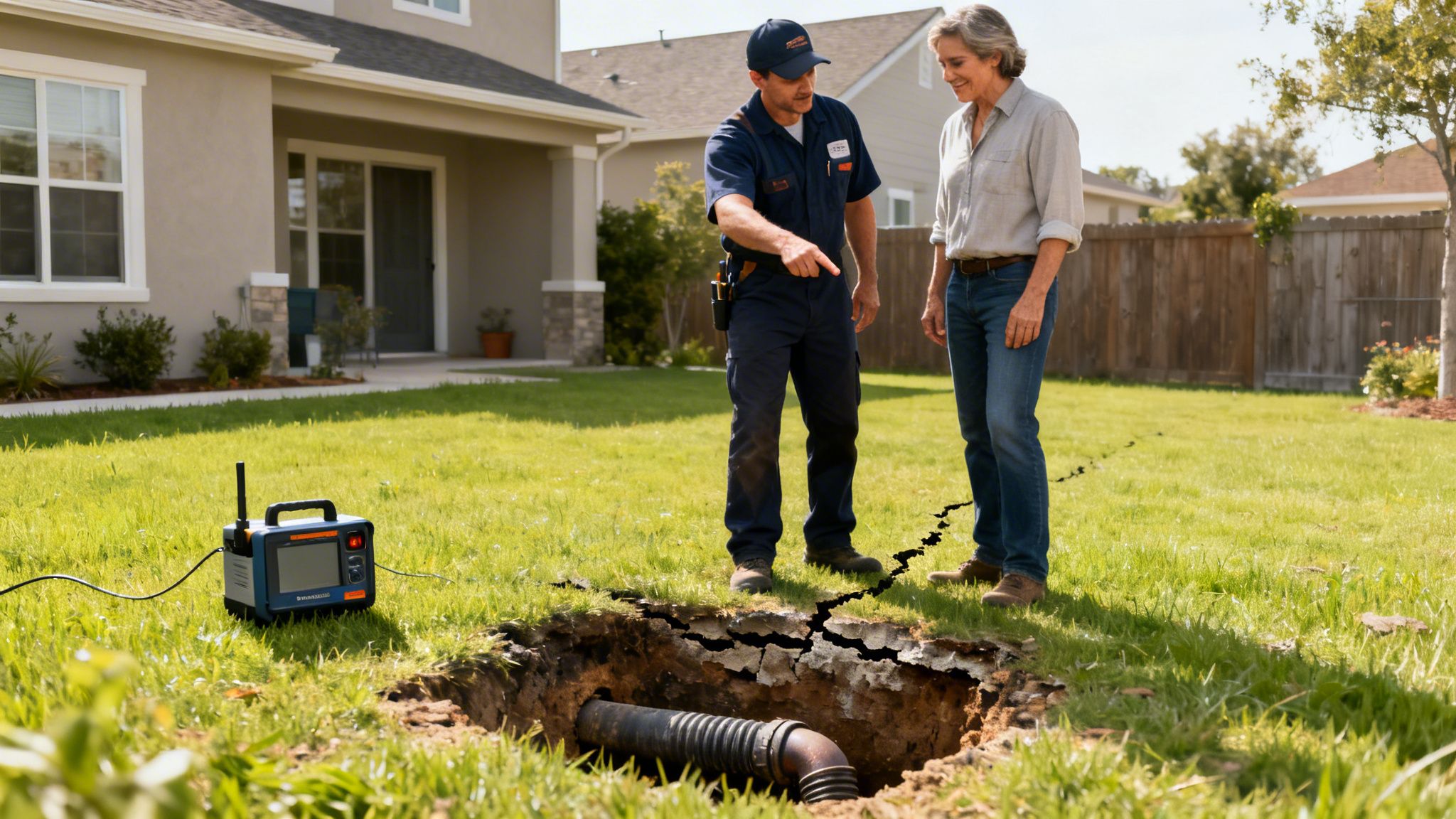 En blikkenslager peger på et ødelagt kloakrør i et hul i en have, mens en kvinde ser til. Et overvågningsudstyr står ved siden af.