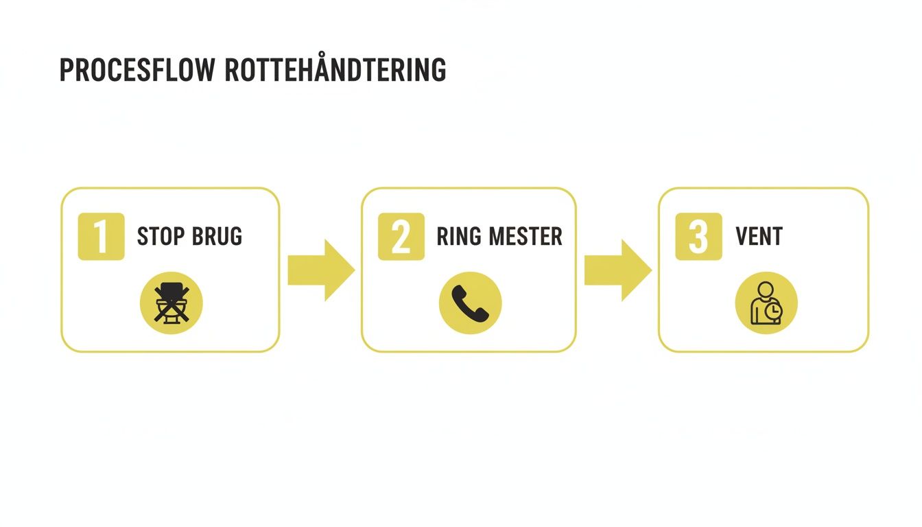 Et procesflow for rottehåndtering med tre trin: stop brug, ring mester, vent.