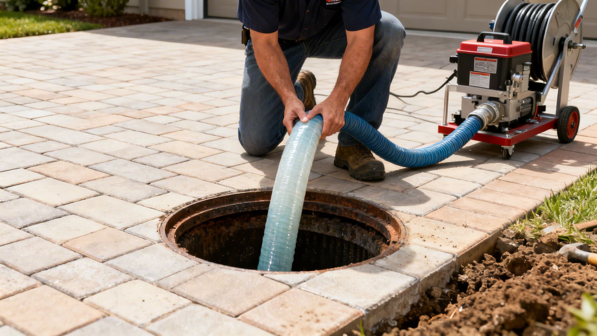 En tekniker indsætter en stor slange i et åbent kloakdæksel på en brolagt indkørsel.