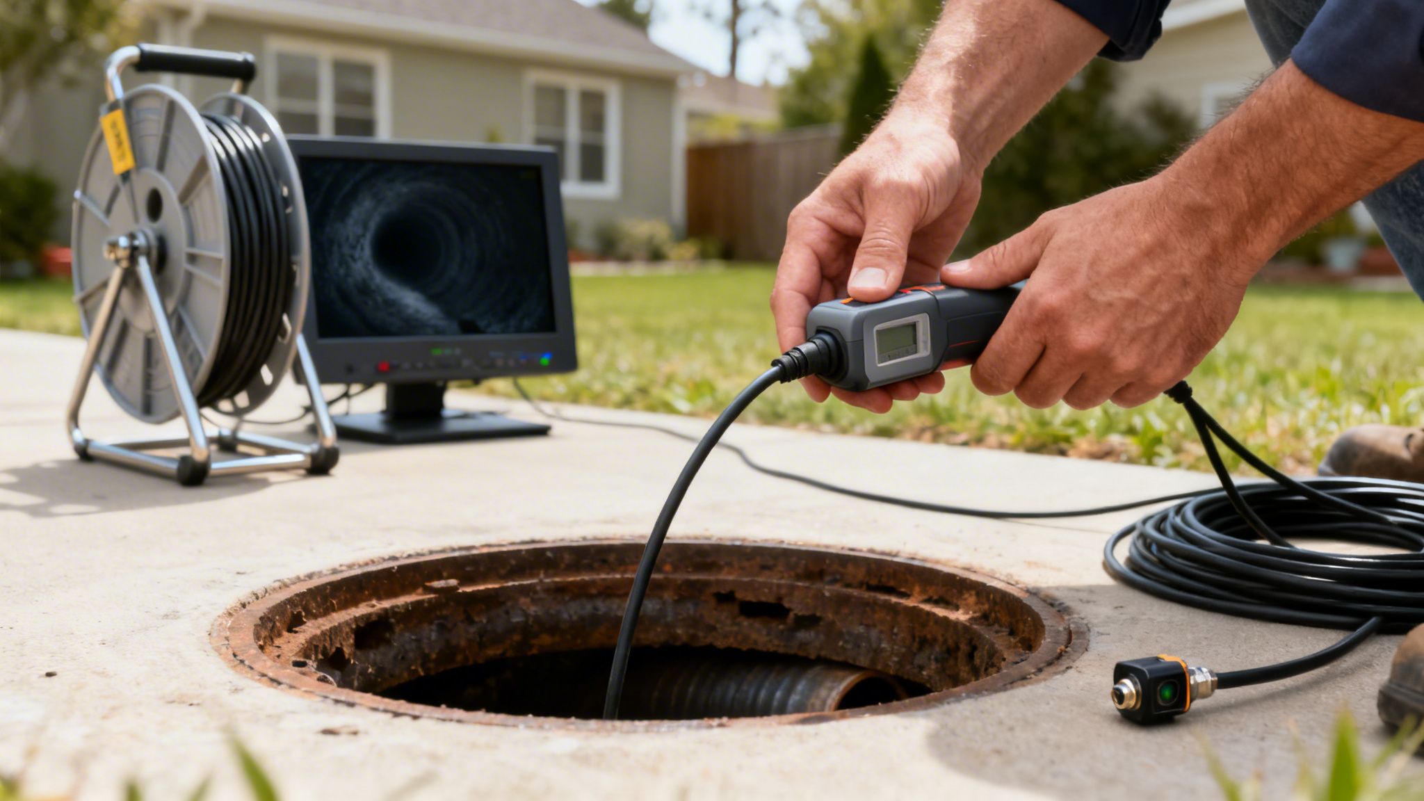 En person inspicerer et kloaksystem med et kamera. Skærmen viser billeder fra kloakken.