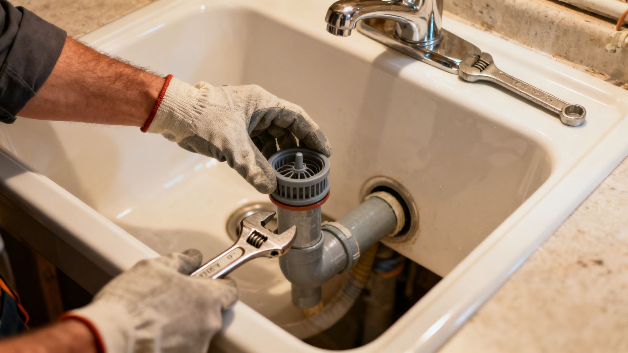 En person med handsker reparerer en køkkenvask med et afløbsrør og en skruenøgle i hånden.
