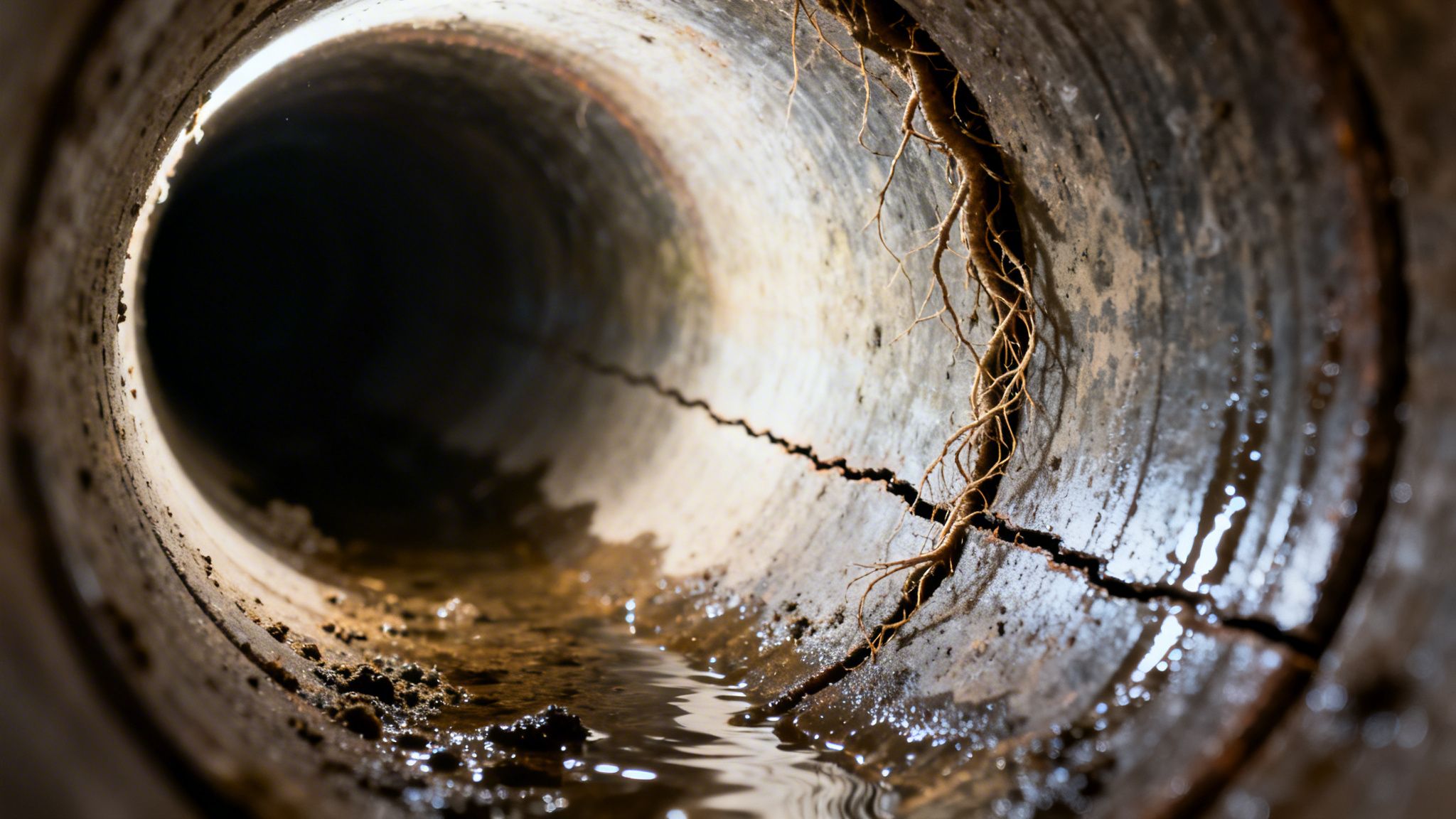 Et beskadiget kloakrør indefra med en stor revne, trærødder, der vokser ind, og stående vand.
