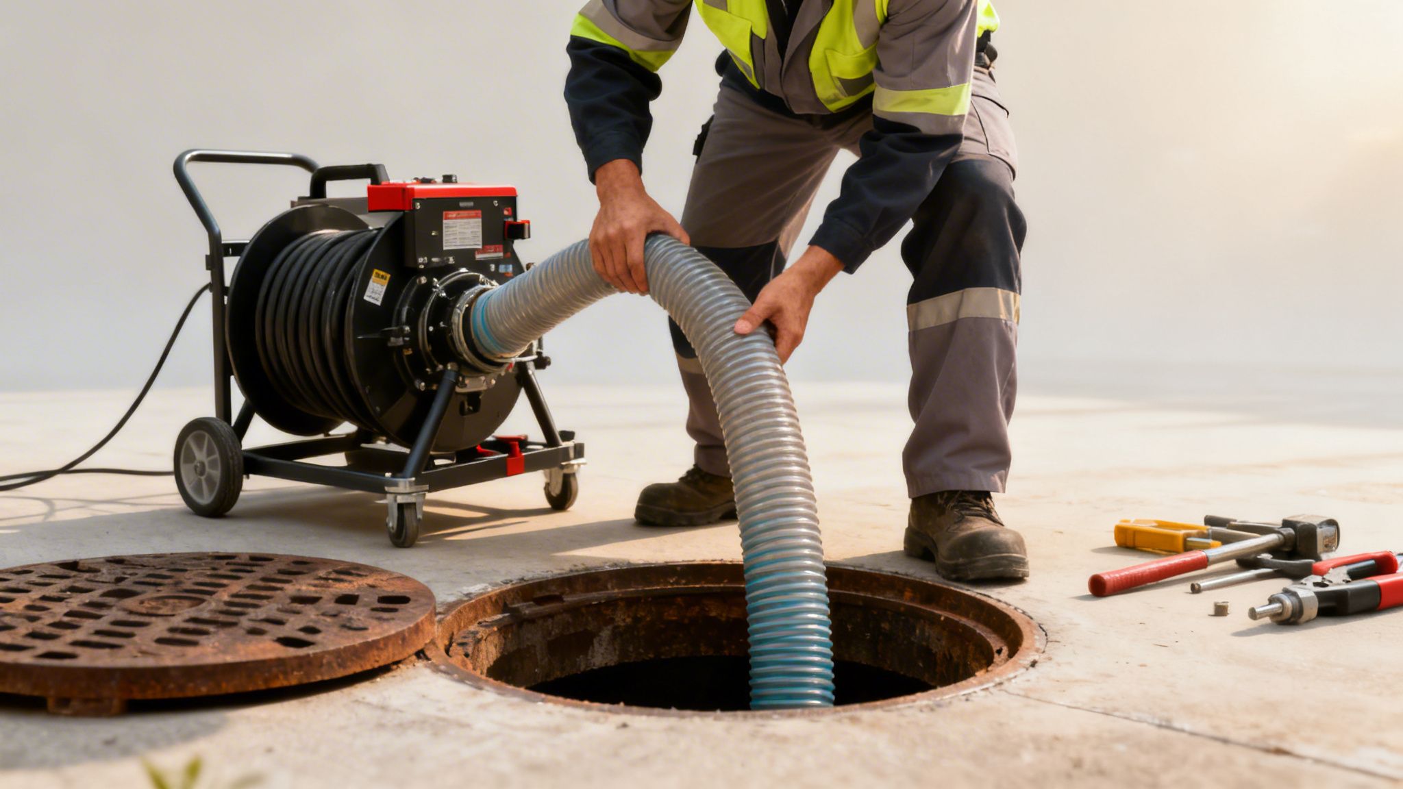 Arbejder i sikkerhedstøj indsætter en fleksibel slange i en kloakbrønd med et kameraudstyr ved siden af.