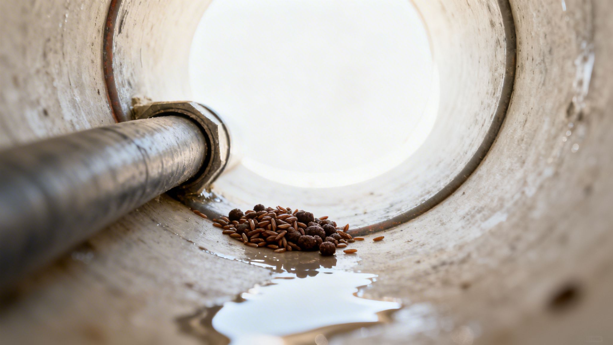 Indvendigt kig i et rør, der viser en bunke rottegift og en lille vandpyt, der indikerer rotteaktivitet.