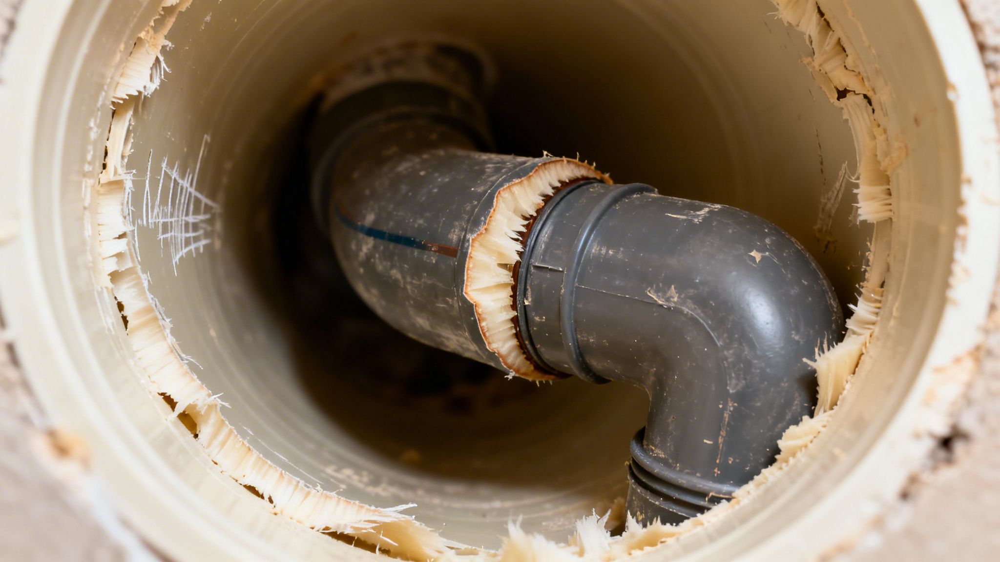 Et beskadiget afløbsrør med synlige gnavmærker i en kloak, der indikerer tegn på rotter.