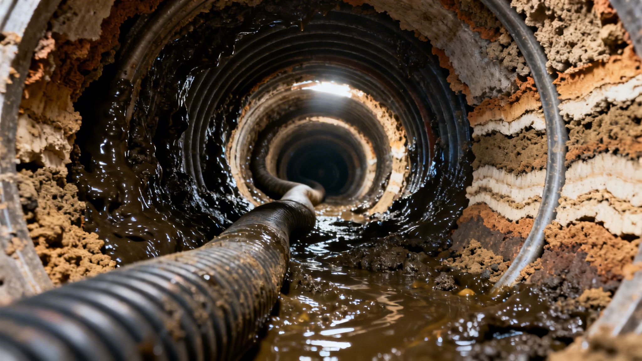 Beskidt kloakrør med mørkt spildevand og en renseslange. Lys skimtes i enden af det lange rør.