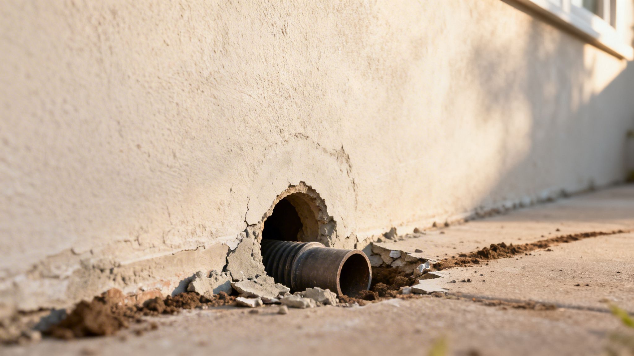 En beskadiget husmur med et hul og et afløbsrør, omgivet af jord og murbrokker. Et muligt tegn på rotteaktivitet.