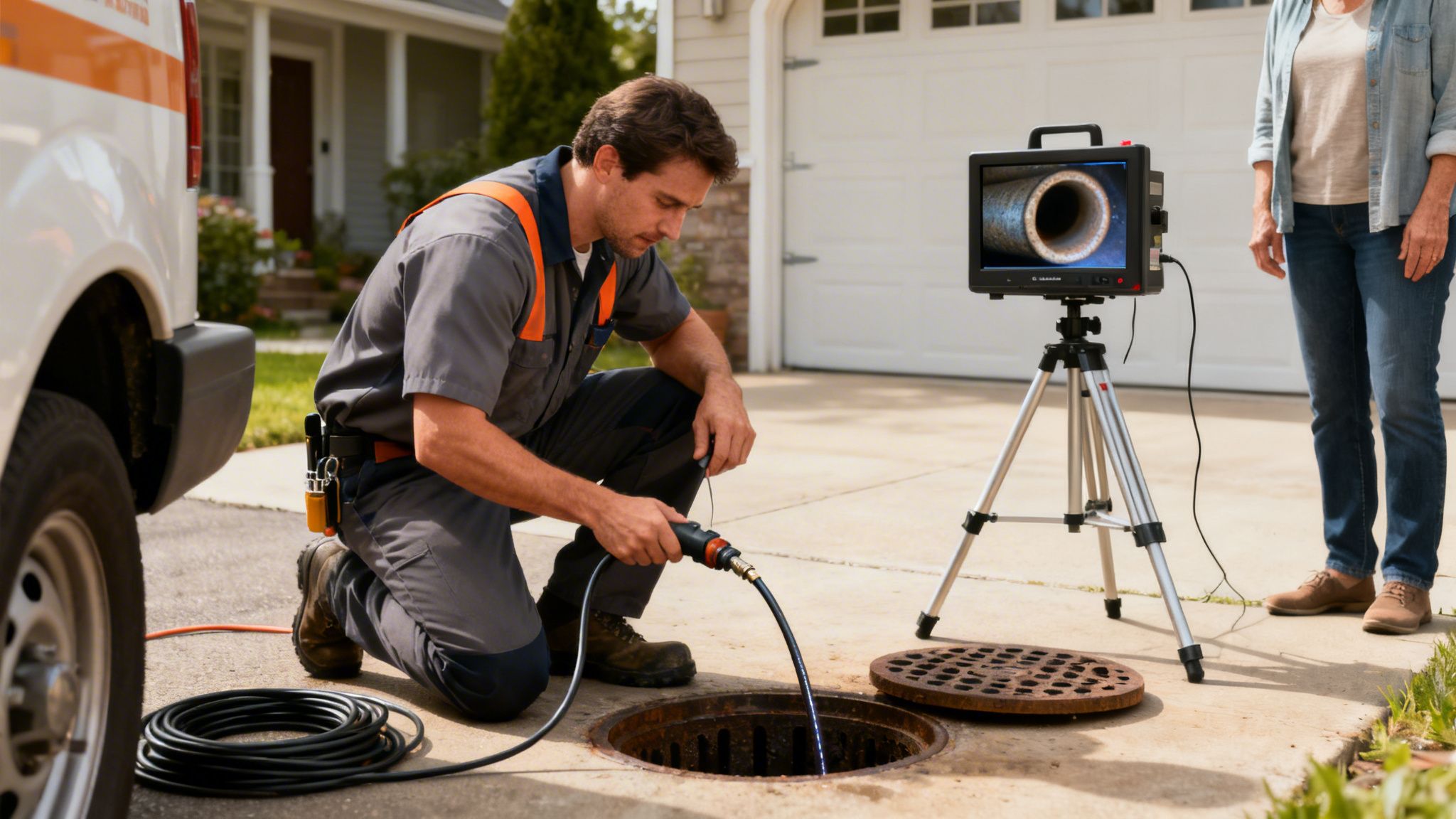 Tekniker udfører professionel TV-inspektion af kloak ved hus med overvågningsskærm til kunden.