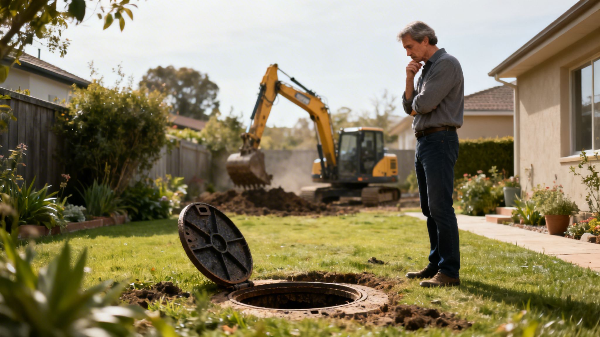 Mand kigger eftertænksomt på et åbent kloakdæksel i sin have, mens en gravemaskine arbejder bagved.