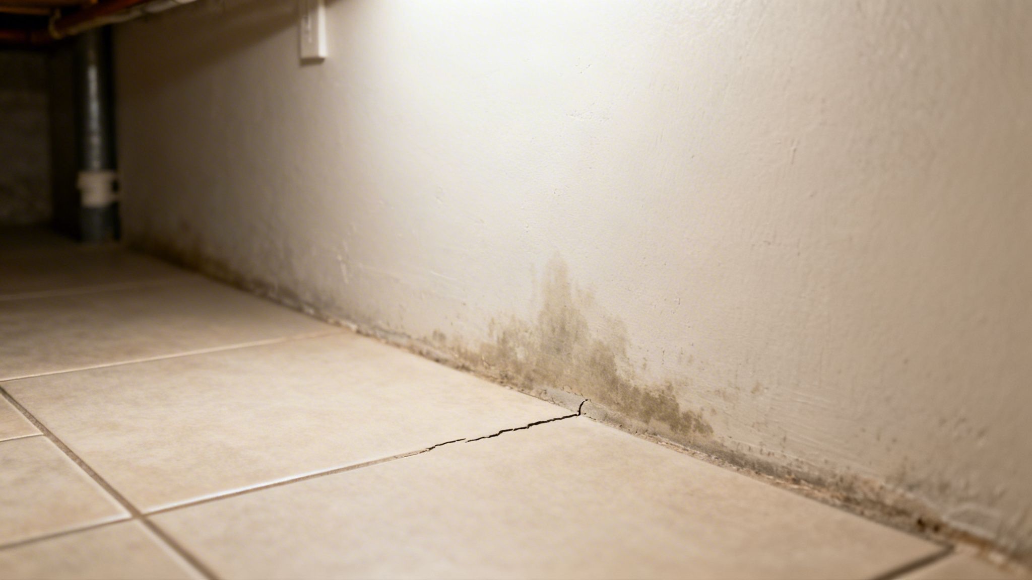 Udbredt skimmelvækst på væggen og en tydelig revne i gulvfliserne i et fugtigt rum.