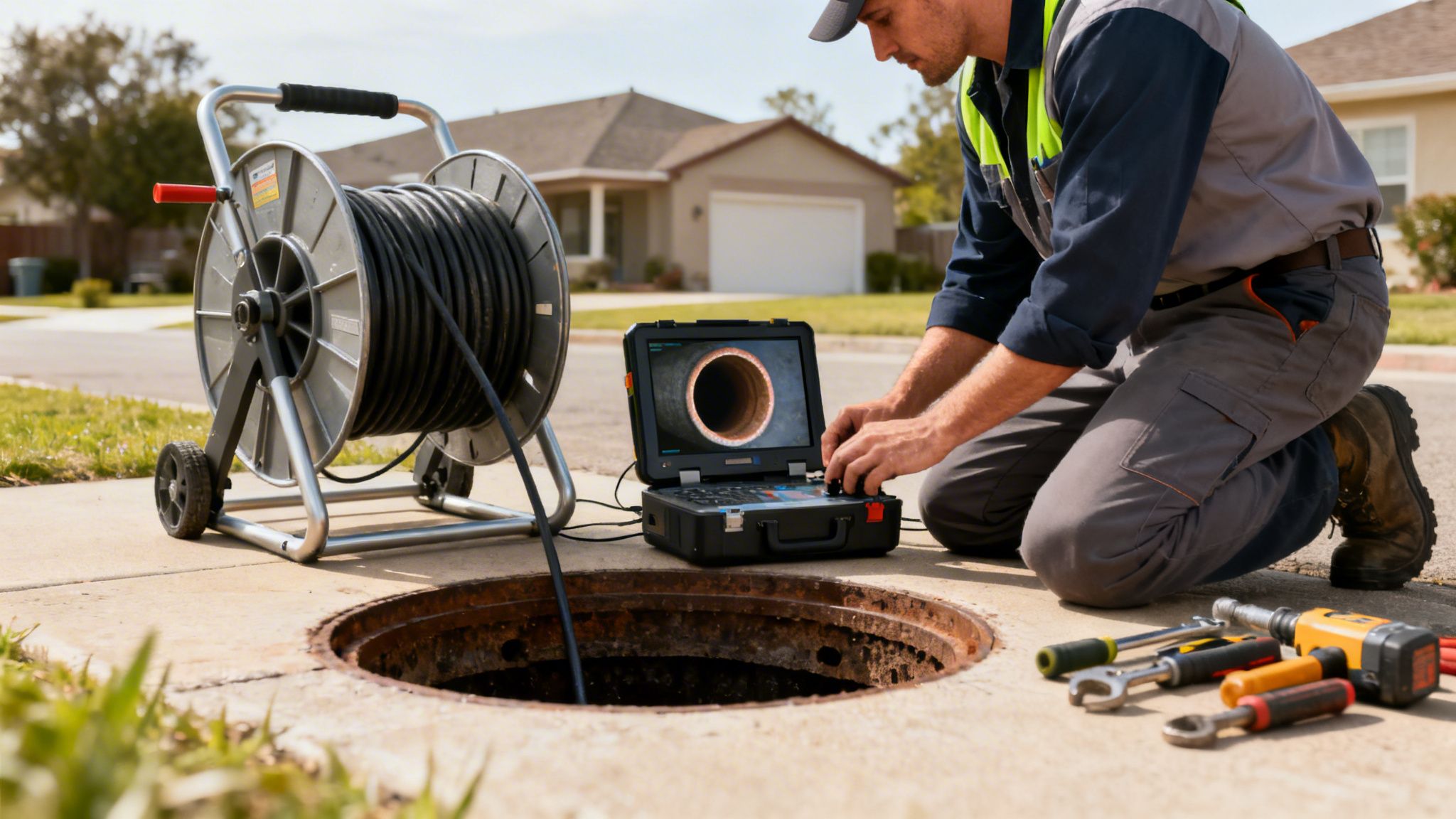 Tekniker inspicerer kloakrør med et kamera og monitor ved en åben brønd. Udstyr til kloakinspektion.