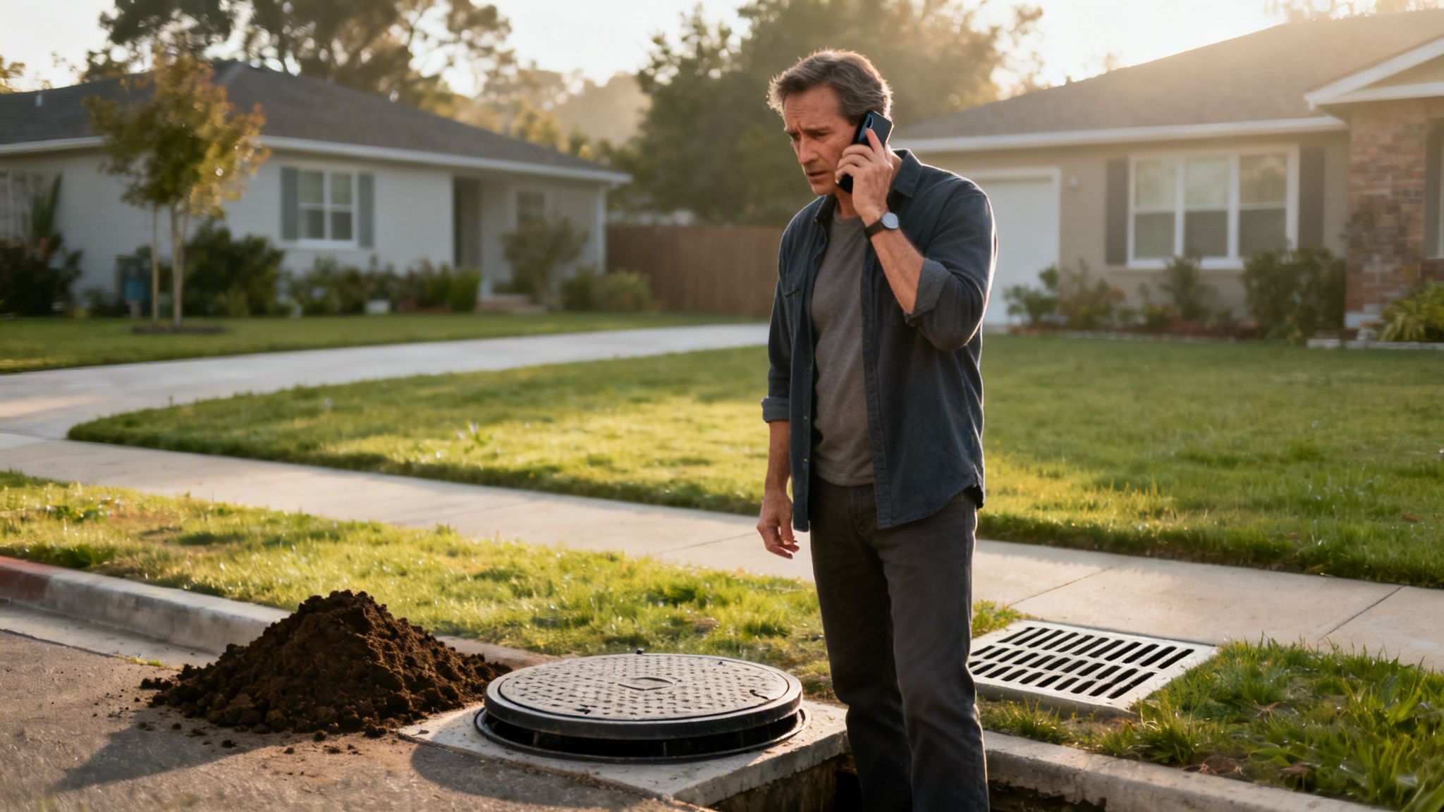 En mand står og taler i telefon ved en åben kloak og jordbunke i et villakvarter.