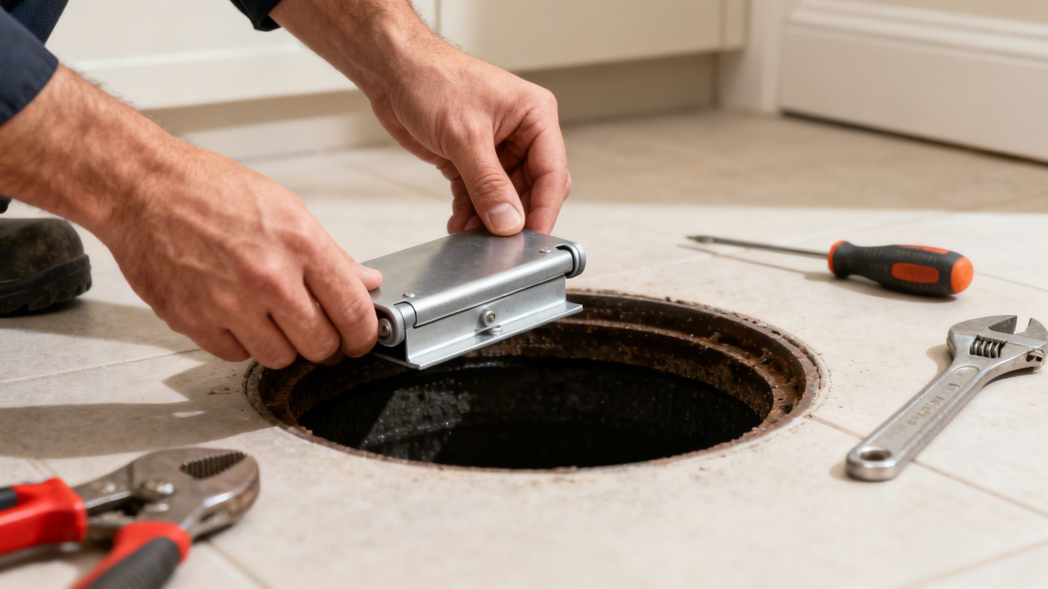 Nærbillede af hænder, der holder et metalværktøj over en åben kloak på fliser, med VVS-værktøj liggende omkring.