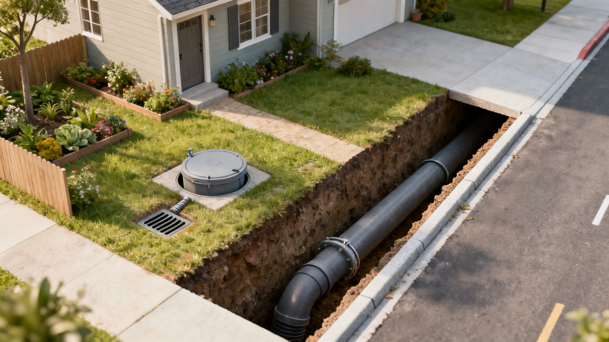 Et tværsnit af en have med et hus, en åben grøft med et kloakrør, en brønd og en riste.