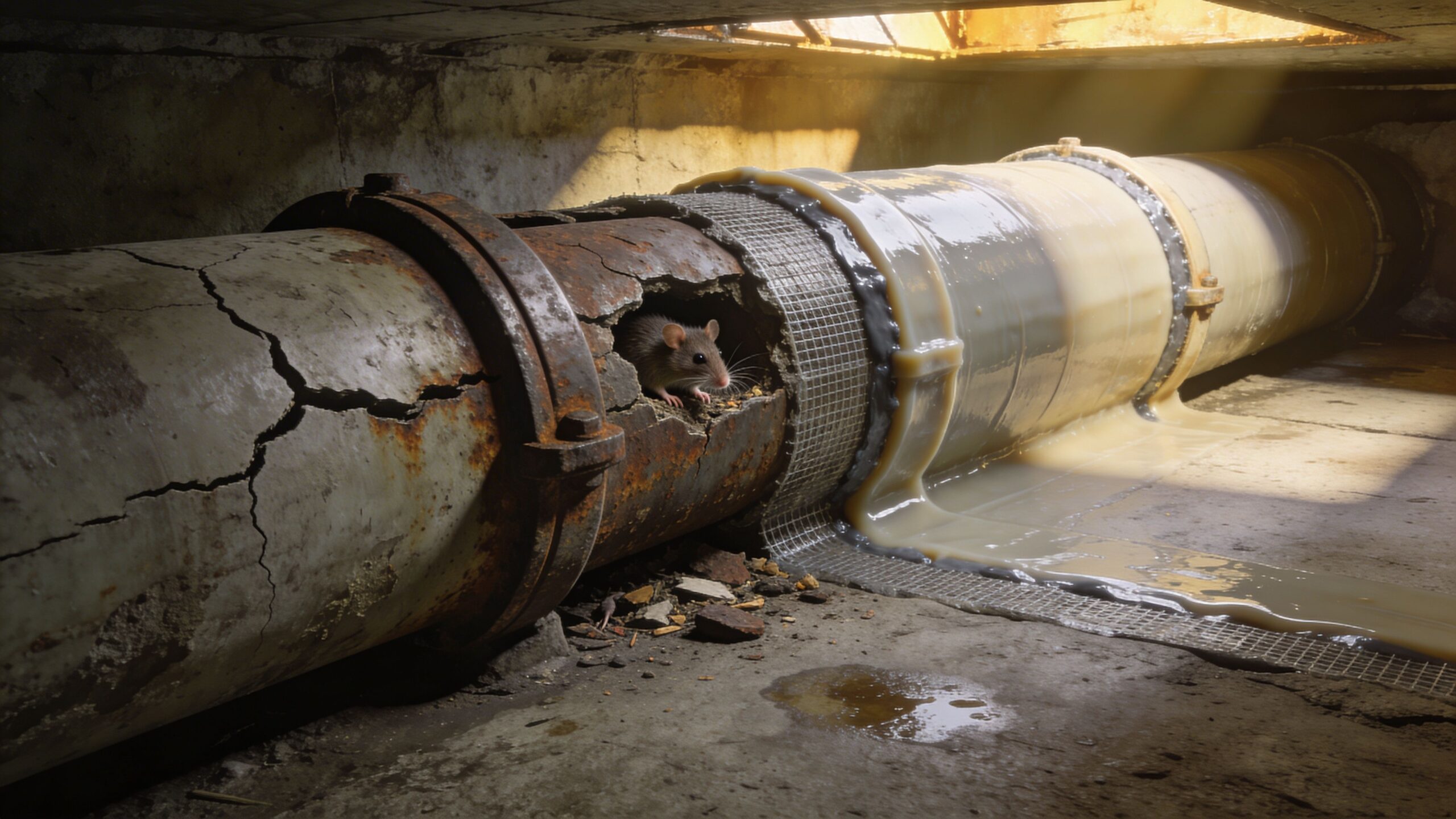 En lille rotte kigger ud gennem et stort hul i et ødelagt og rustent kloakrør i beton.