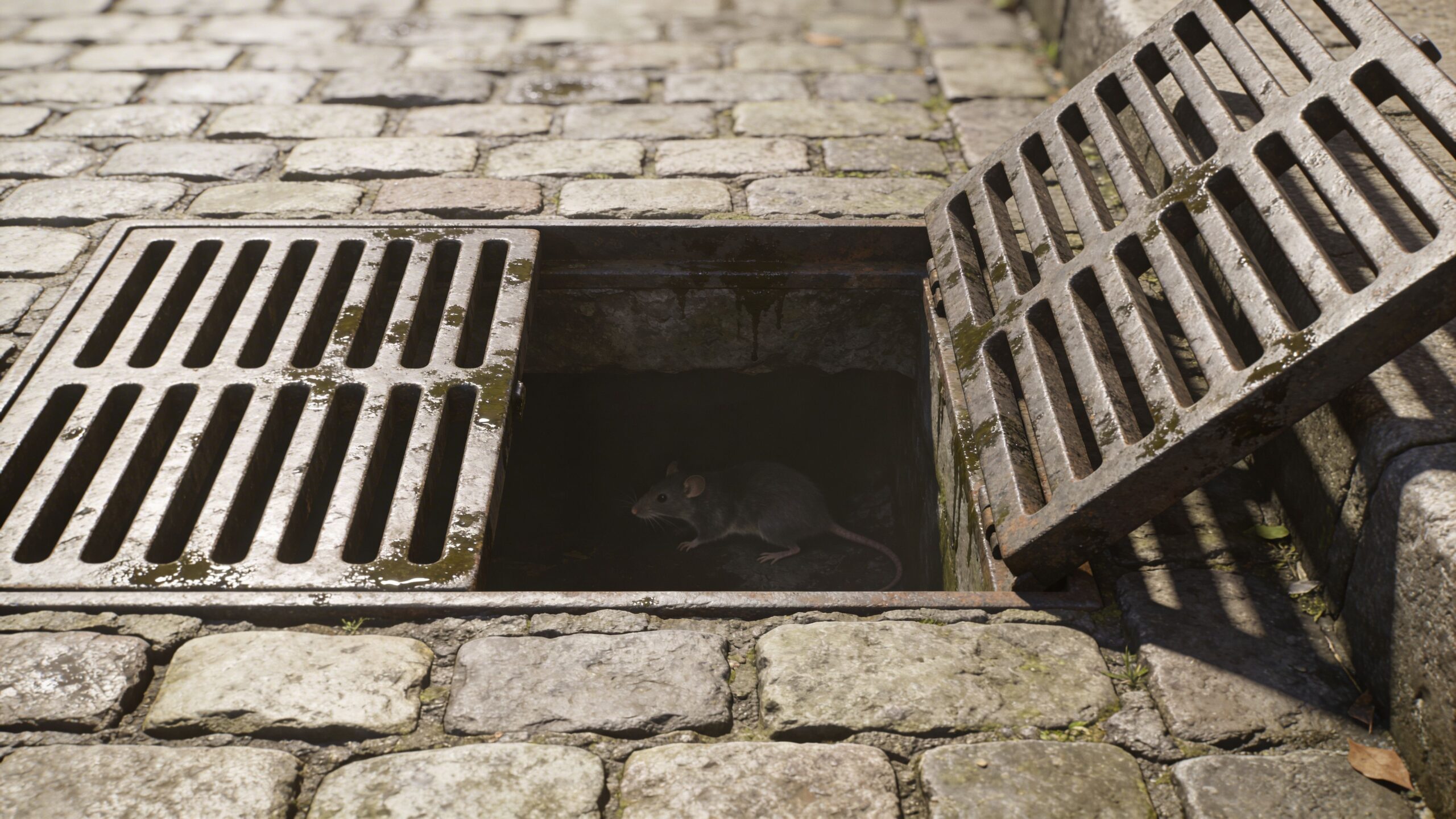 En grå rotte der sidder nede i en åben kloakbrønd i en brolagt gade i byen.