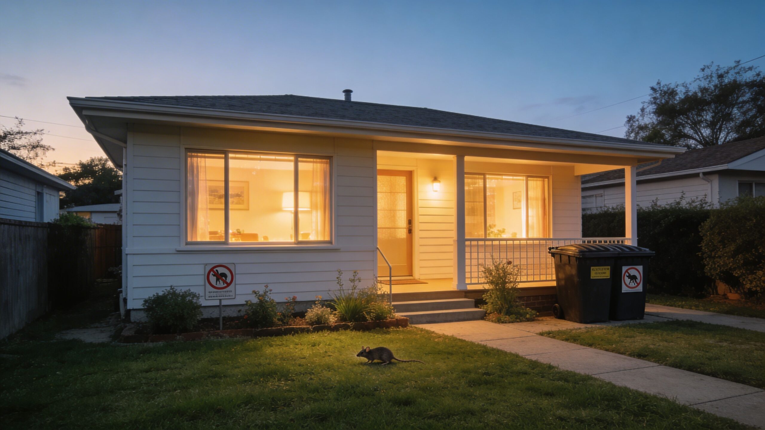 En lille rotte der løber over en græsplæne foran et oplyst hus med skraldespande ved indgangen.