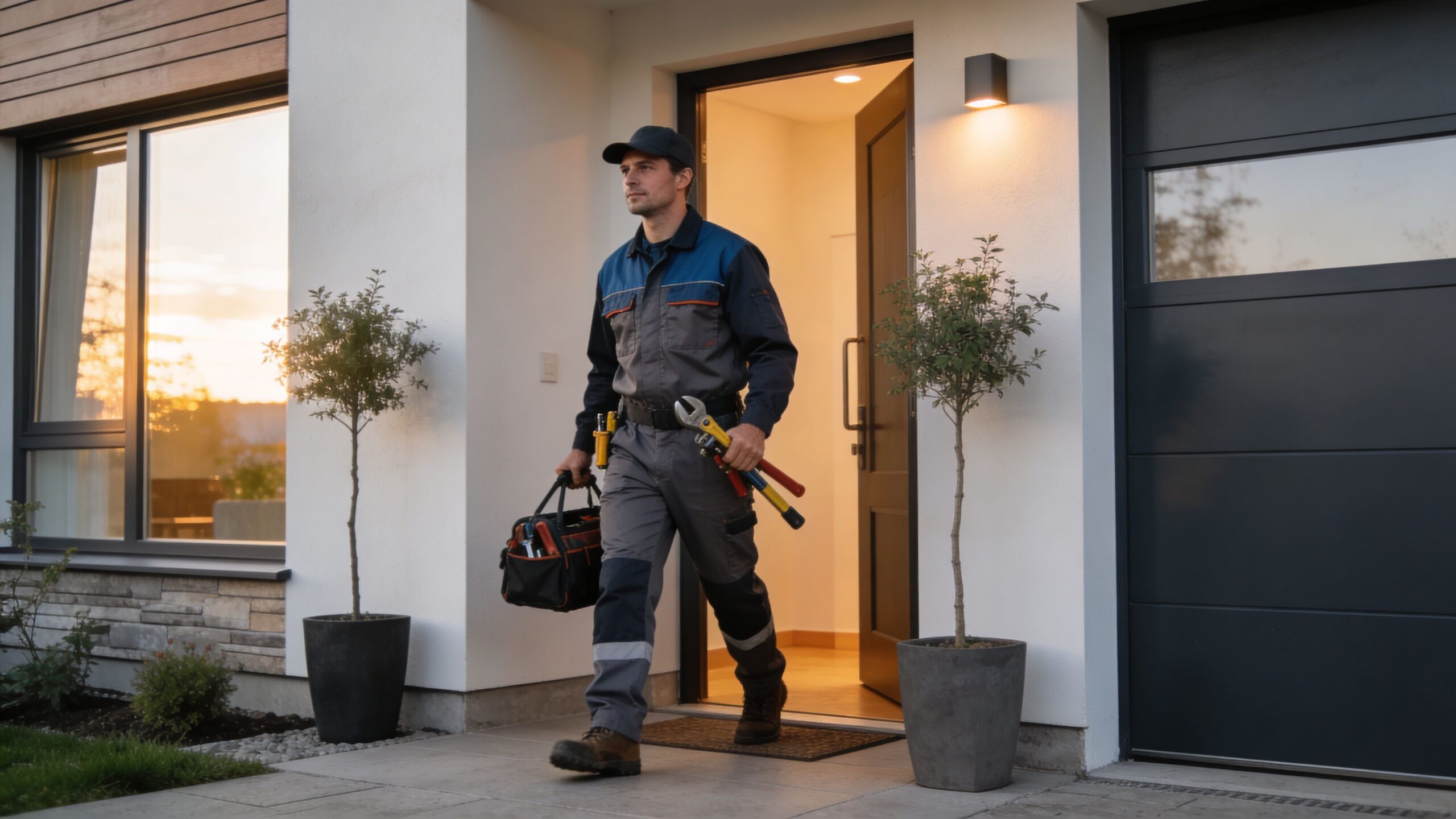 En professionel blikkenslager med værktøjstaske forlader et moderne hjem efter at have udført VVS-arbejde ved indgangen.