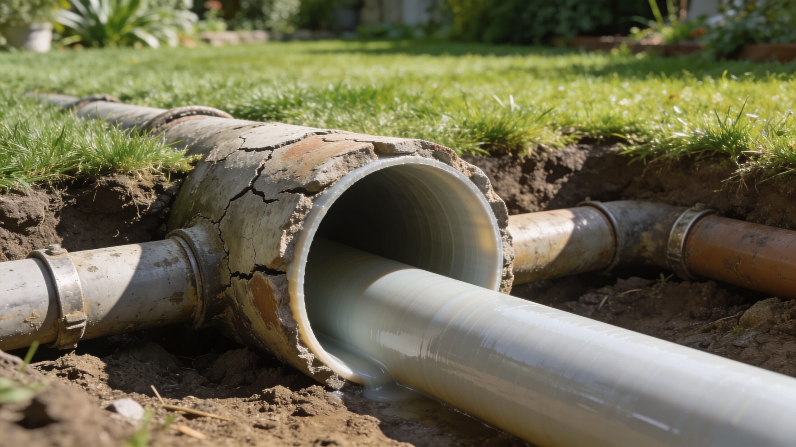 Installation af strømpeforing i en gammel kloakledning, der ligger gravet ned i en have i Danmark.