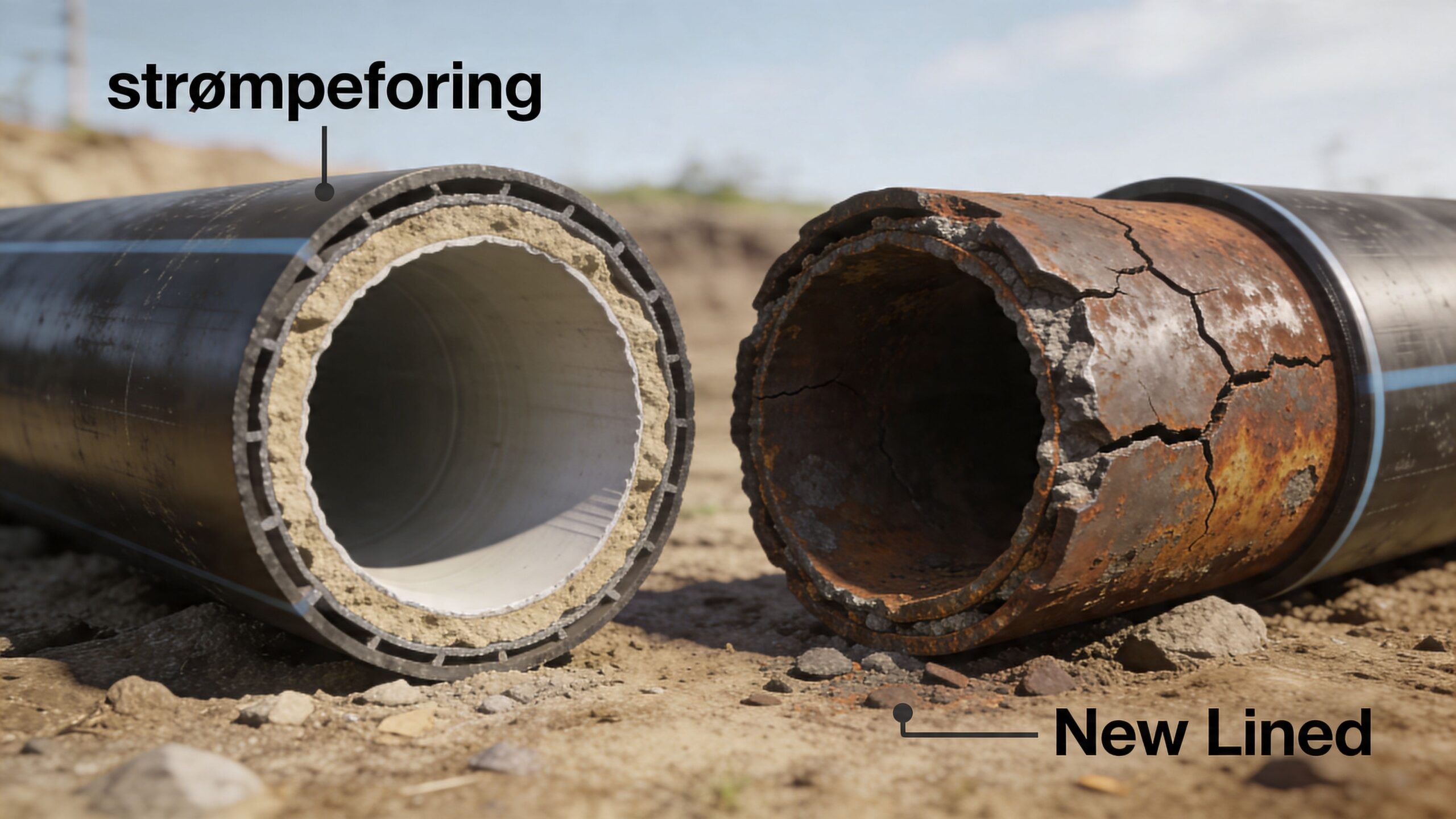 Et sammenligningsbillede af et ødelagt gammelt kloakrør og et nyt rør med moderne strømpeforing til reparation.