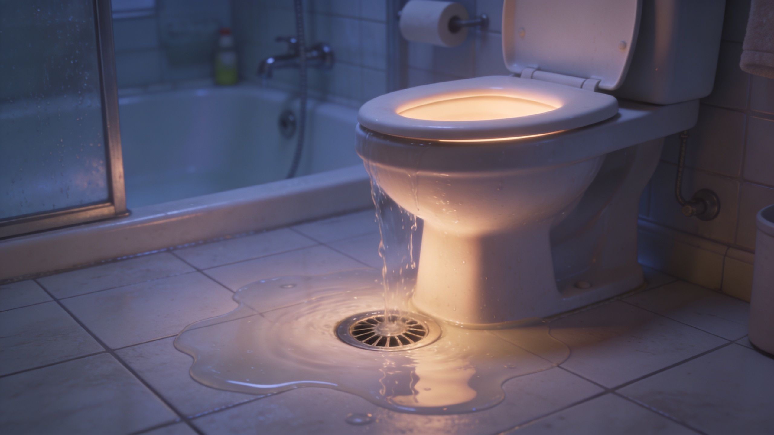 Et toilet der løber over med vand, som løber ned i et gulvafløb på badeværelset.