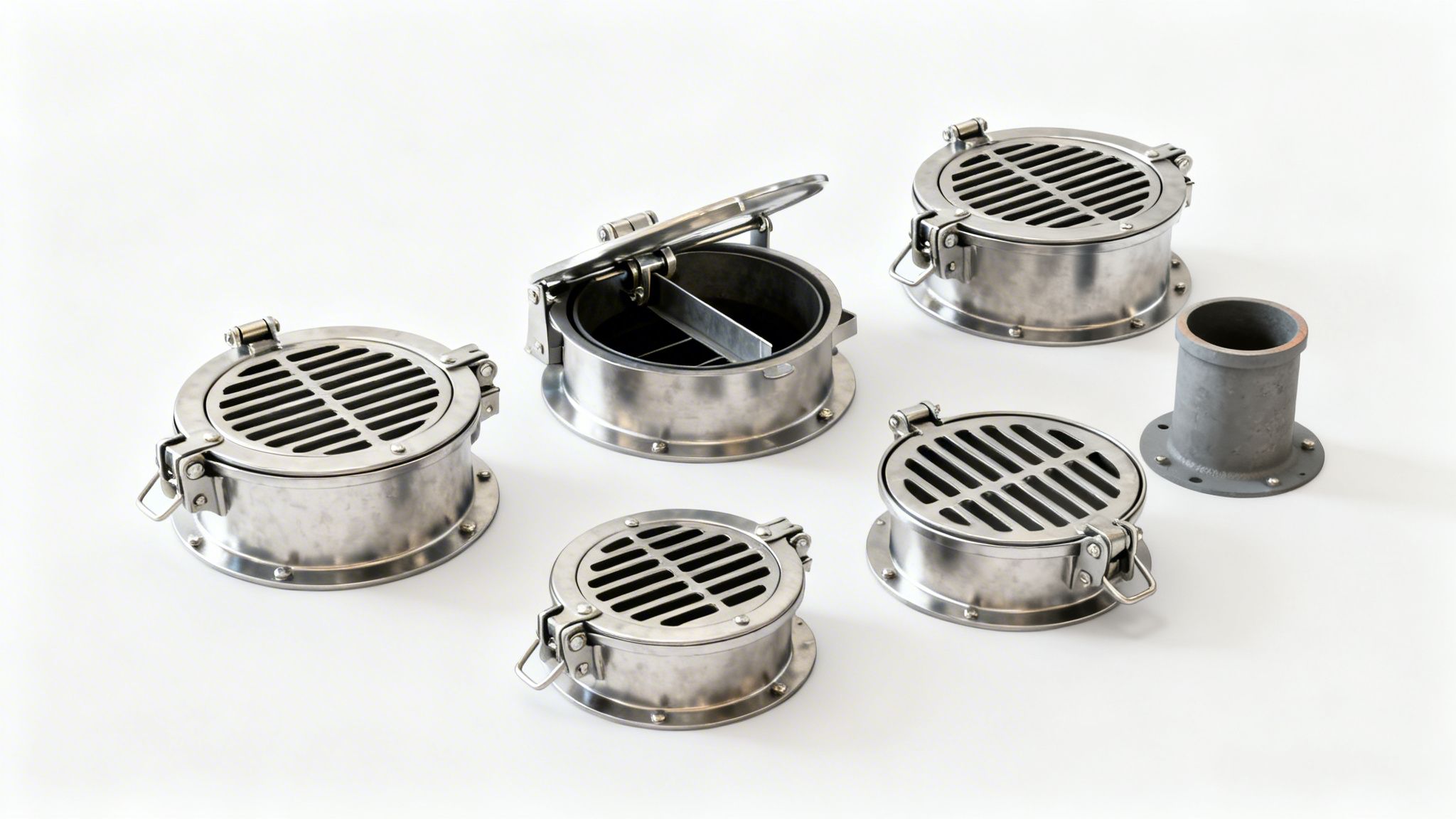 Sæt af metal rottespærre komponenter til kloakrør vist fra forskellige vinkler på hvid baggrund.