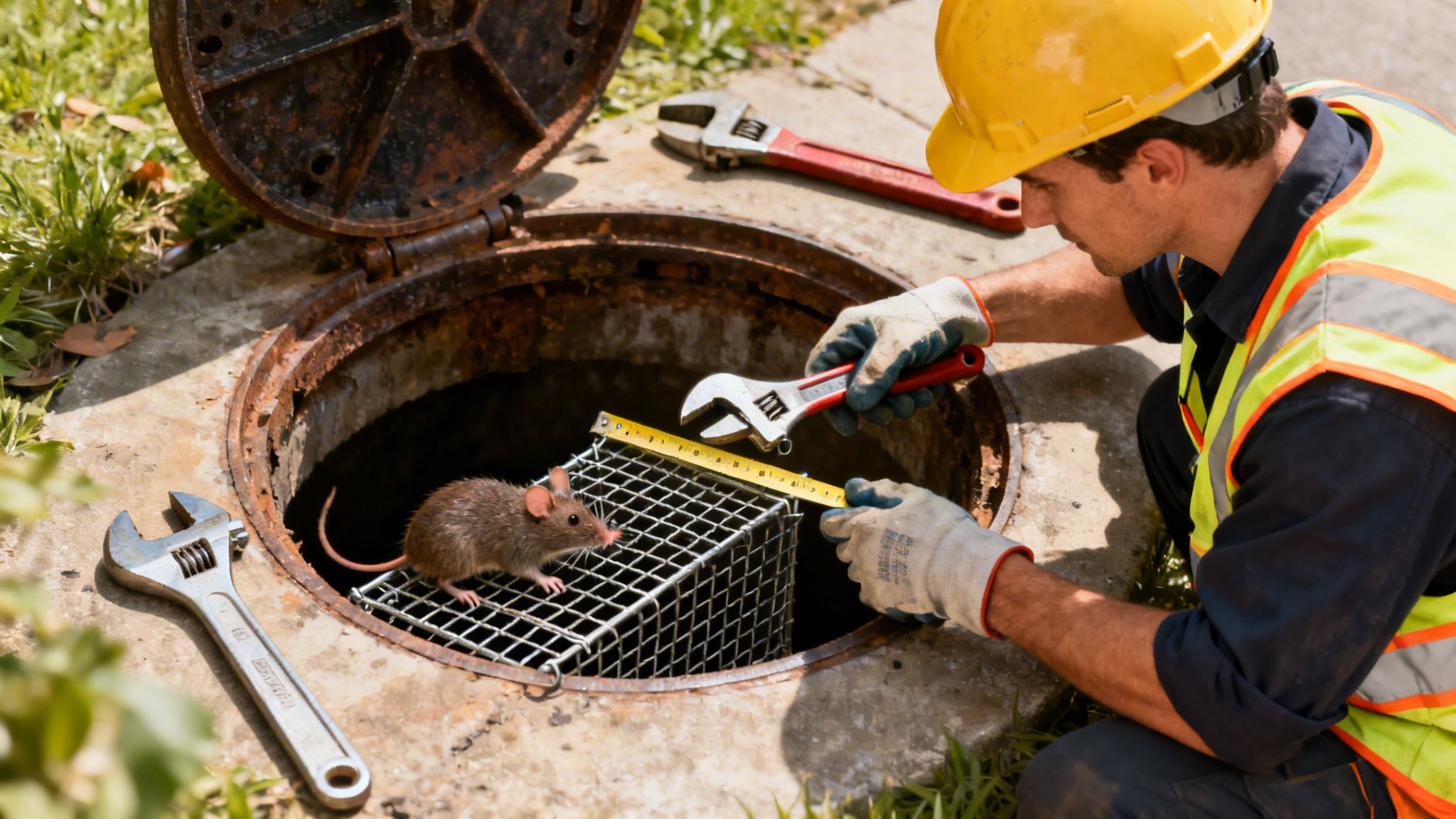 En kloakarbejder med hjelm måler en rottespærre installeret i en åben brønd med en rotte ovenpå.
