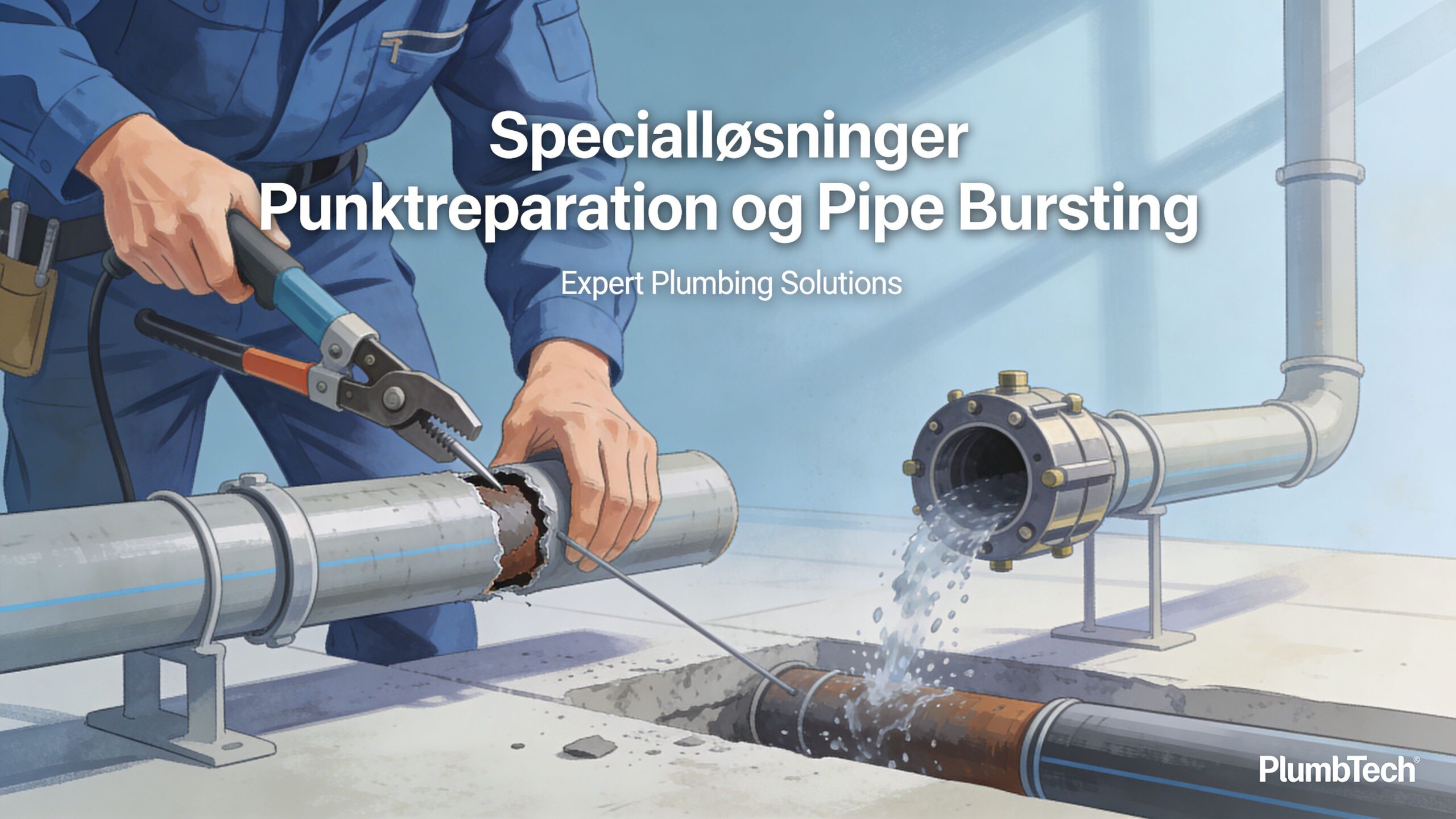 En VVS-tekniker udfører specialiseret reparation af kloakrør ved hjælp af moderne punktreparations- og pipe-bursting-teknikker.