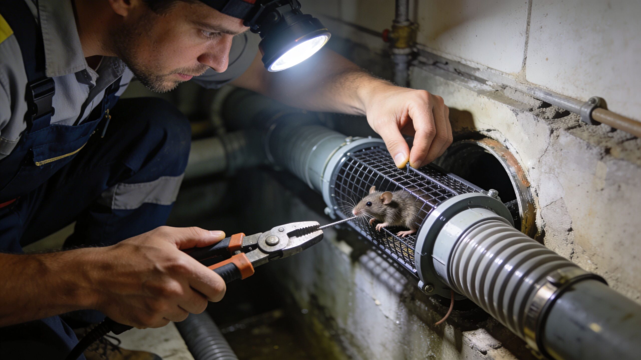 En fagmand installerer en rottespærre i et kloakrør ved hjælp af værktøj for at sikre mod rotteangreb.