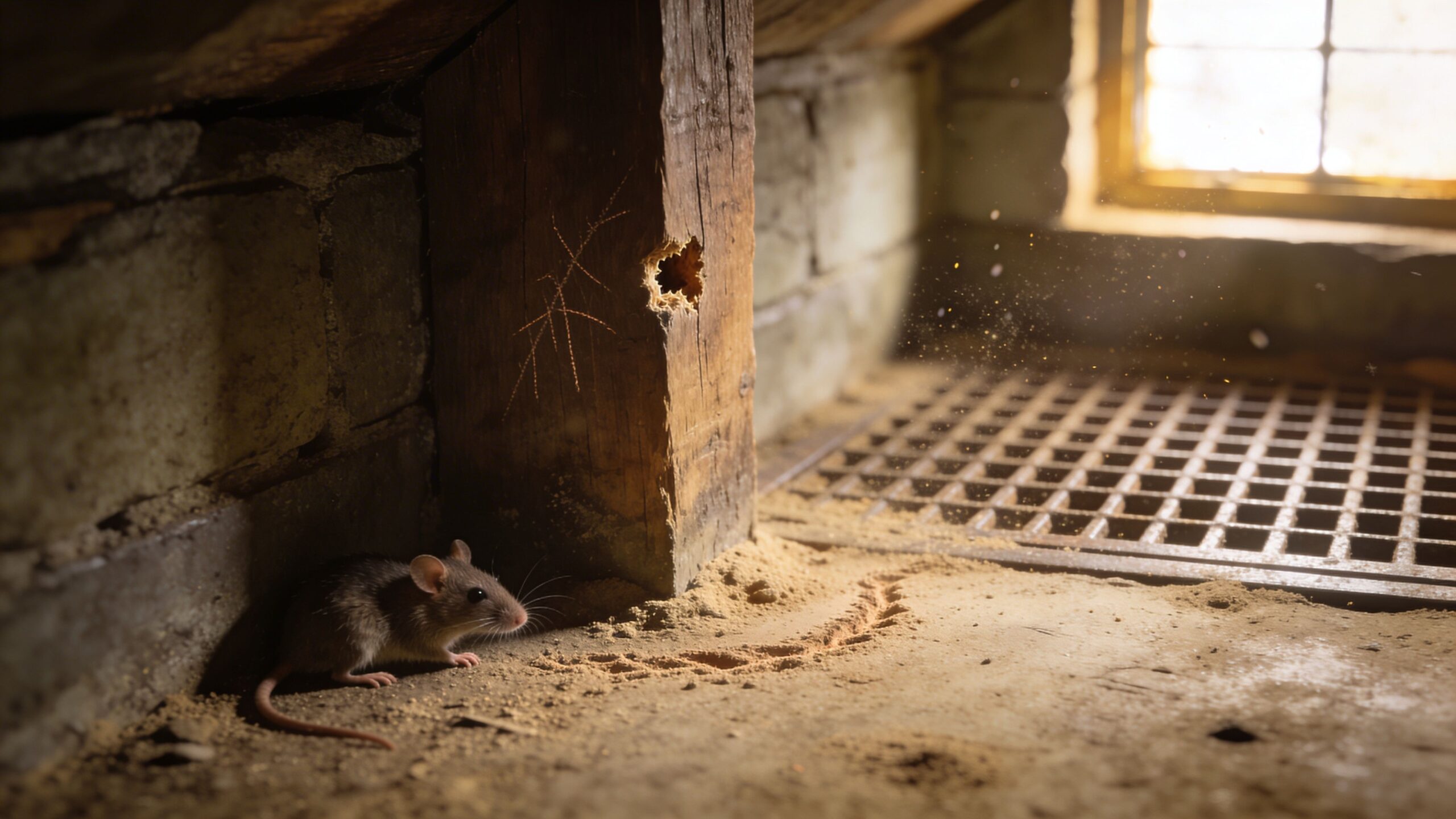 En lille mus sidder i et støvet kælderrum ved siden af en træstolpe nær et rottespærre-gitter.