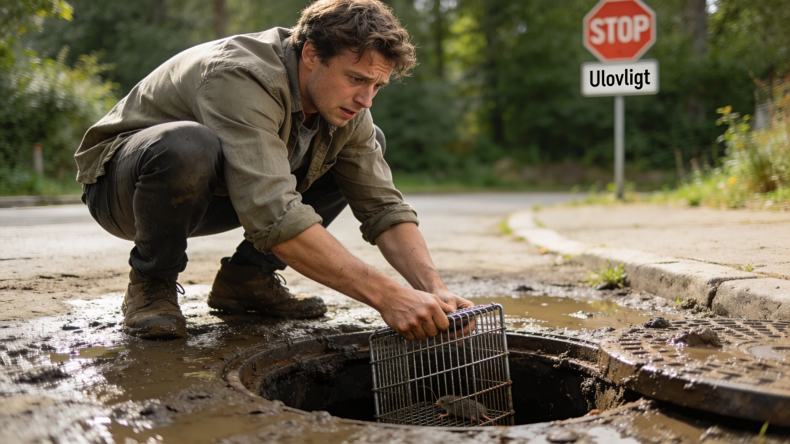 En mand knæler ved et åbent kloakdæksel og bruger en rottespærre for at fange en rotte.